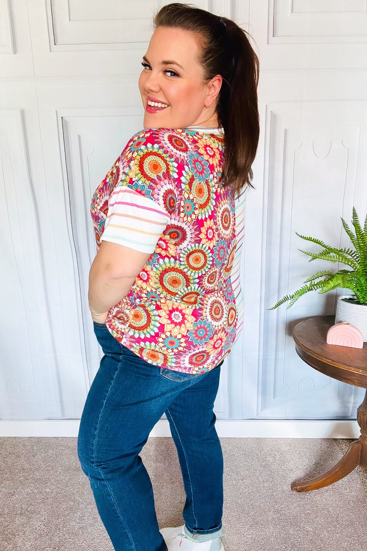Always Fun Ivory & Fuchsia Stripe and Crochet Print Top-Evelyns Fashion