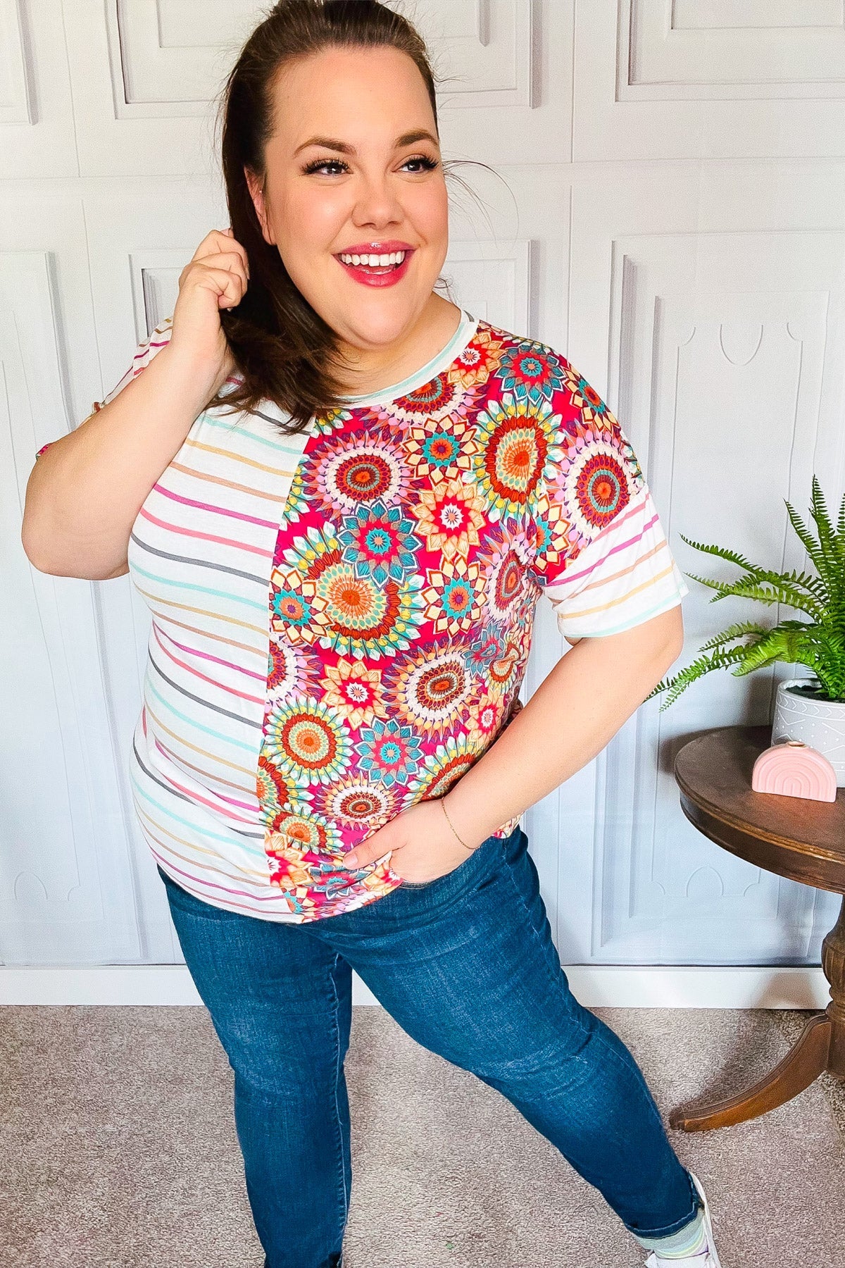 Always Fun Ivory & Fuchsia Stripe and Crochet Print Top-Evelyns Fashion