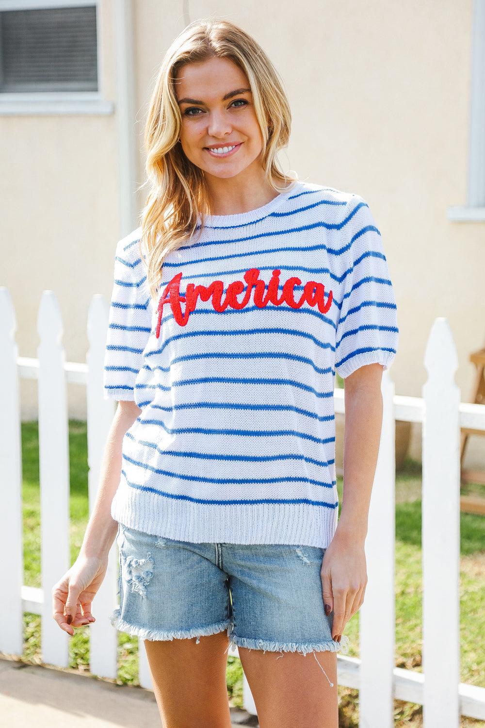 America Proud Blue Striped Embroidered Puff Sleeve Top-T-Shirts-Evelyns Fashion