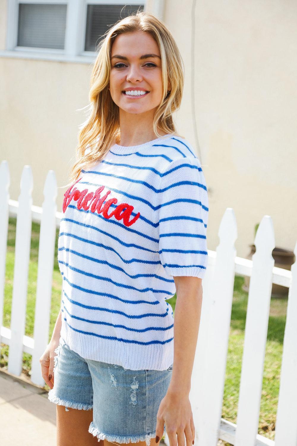 America Proud Blue Striped Embroidered Puff Sleeve Top-T-Shirts-Evelyns Fashion