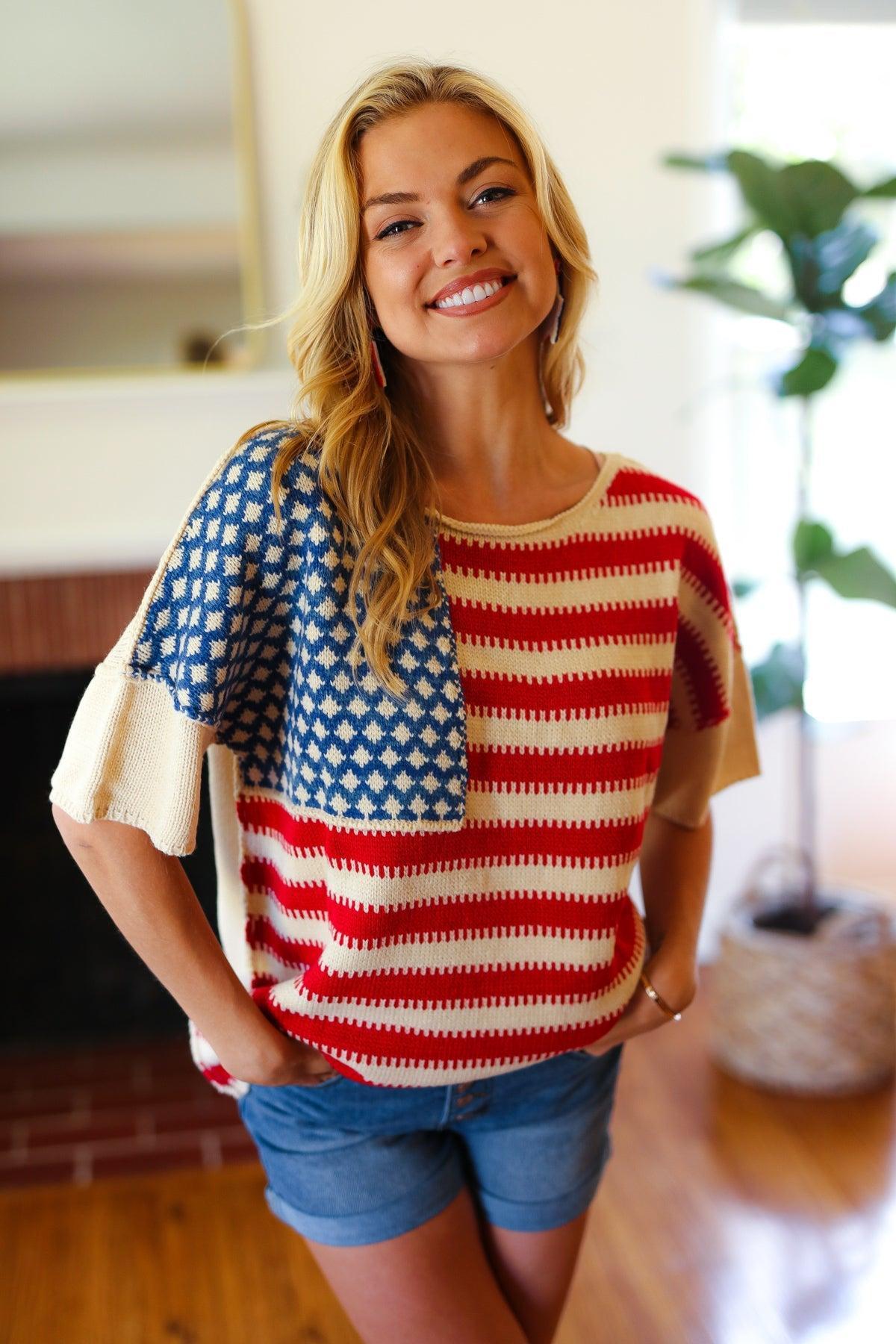 American Flag Knit Sweater Top-Sweaters-Evelyns Fashion