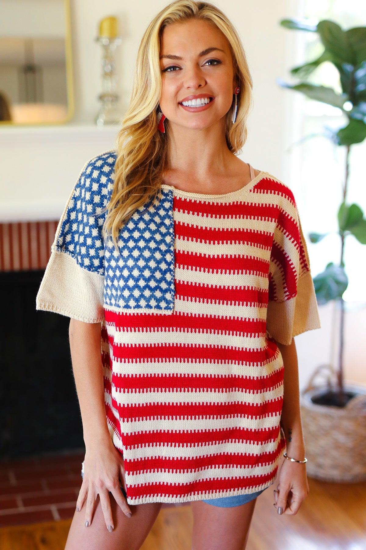 American Flag Knit Sweater Top-Sweaters-Evelyns Fashion