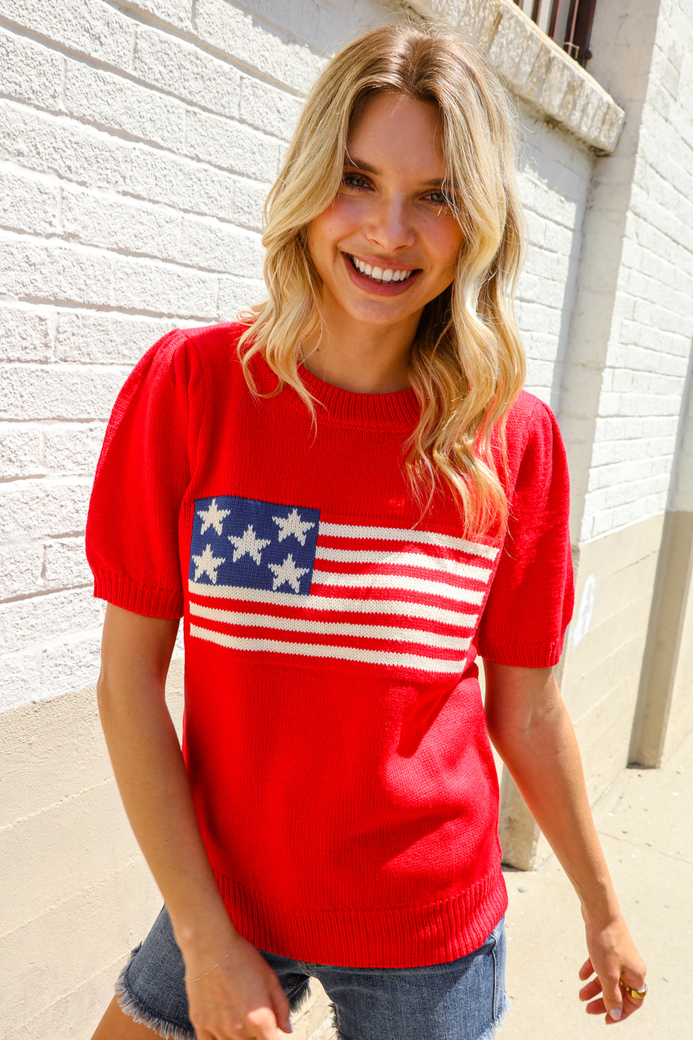 American Flag Short Sleeve Sweater-Sweaters-Evelyns Fashion