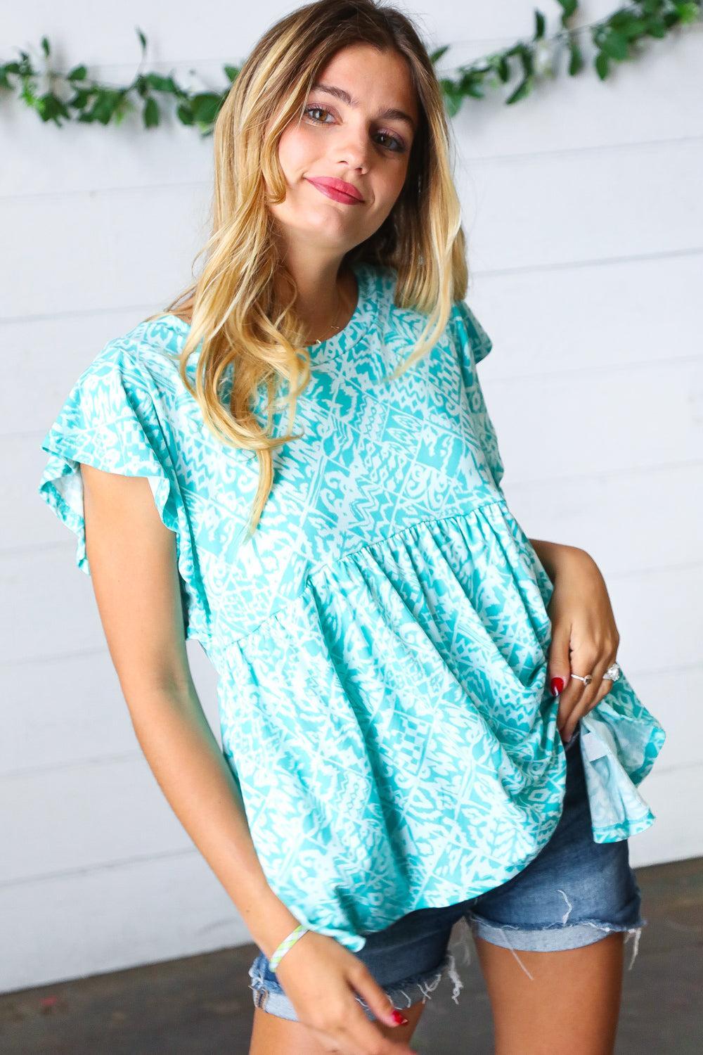 Aqua Boho Print Ruffle Short Sleeve Babydoll Top-Blouses-Evelyns Fashion
