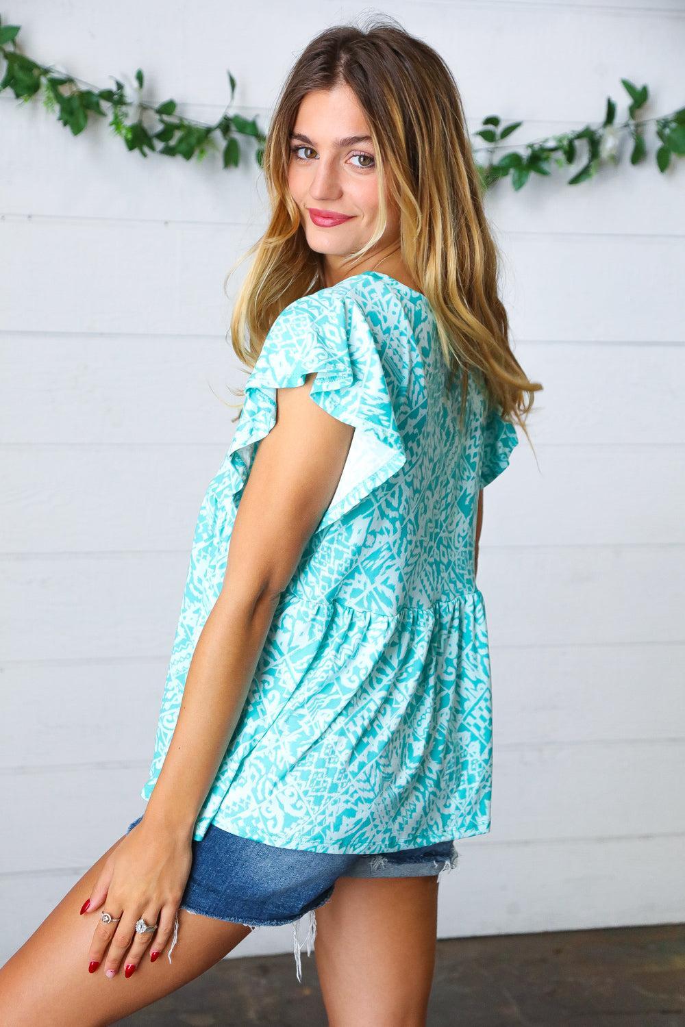 Aqua Boho Print Ruffle Short Sleeve Babydoll Top-Blouses-Evelyns Fashion