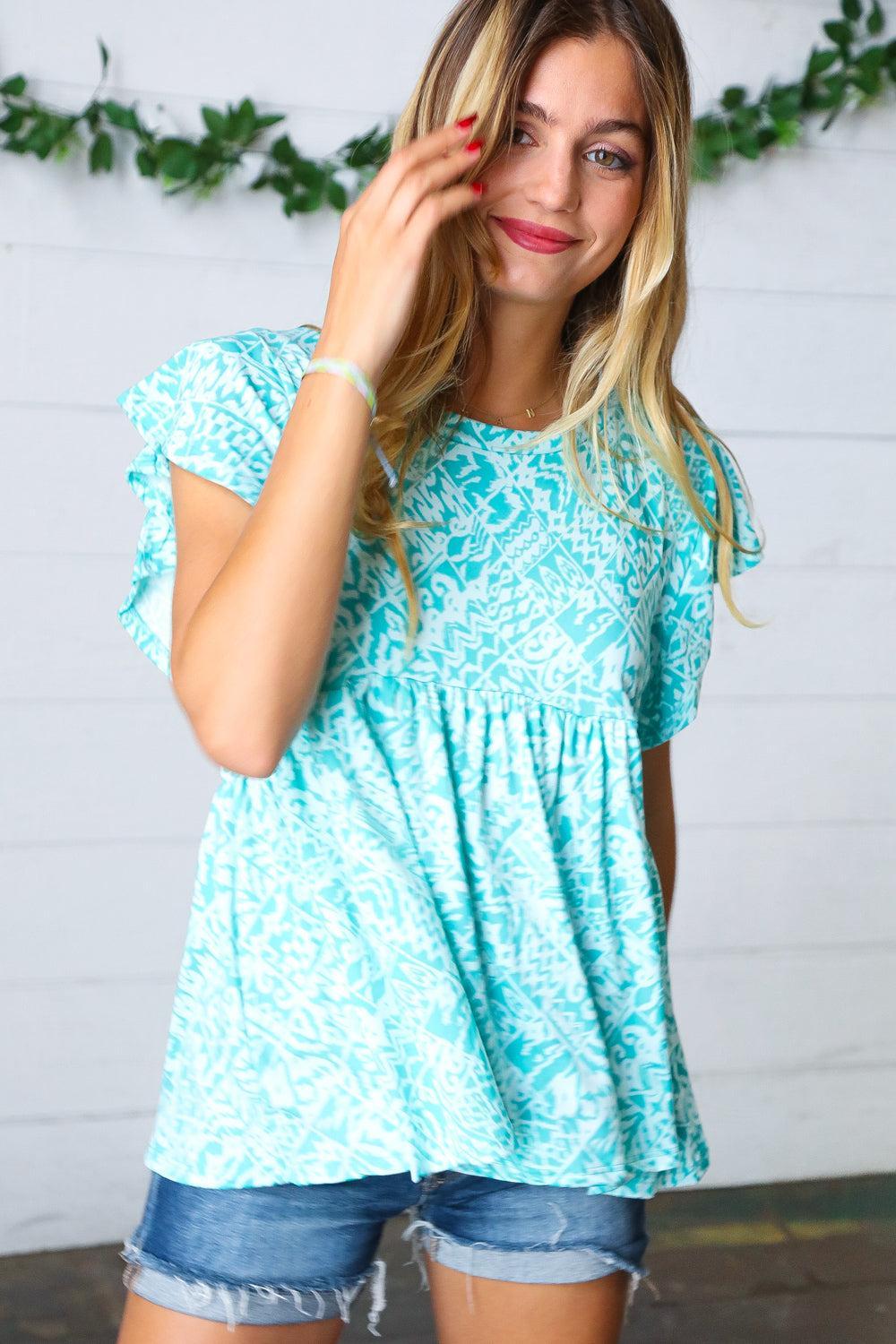 Aqua Boho Print Ruffle Short Sleeve Babydoll Top-Blouses-Evelyns Fashion