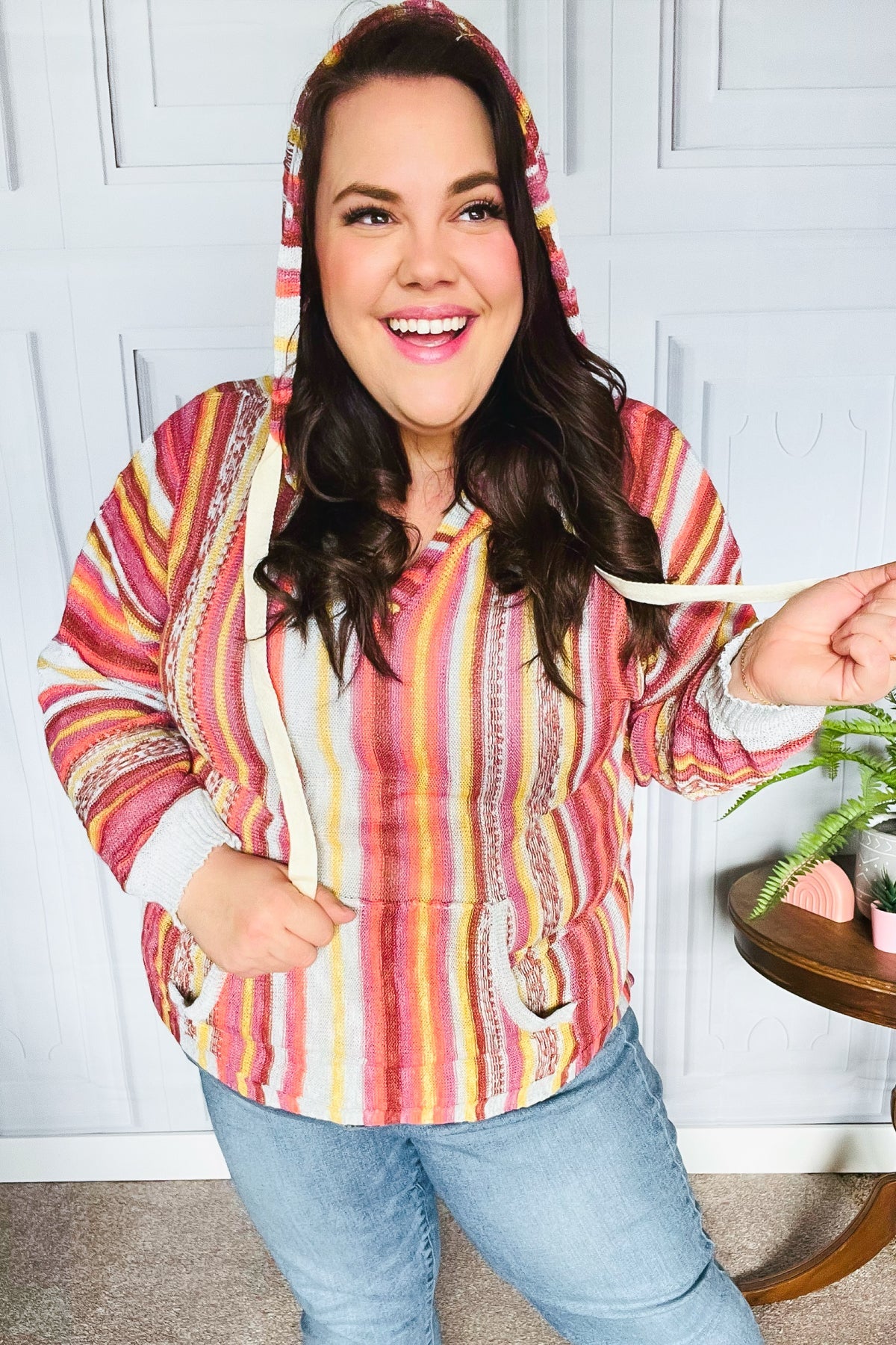 Be Bold Coral & Sienna Stripe Pullover Notched Neck Hoodie-Evelyns Fashion