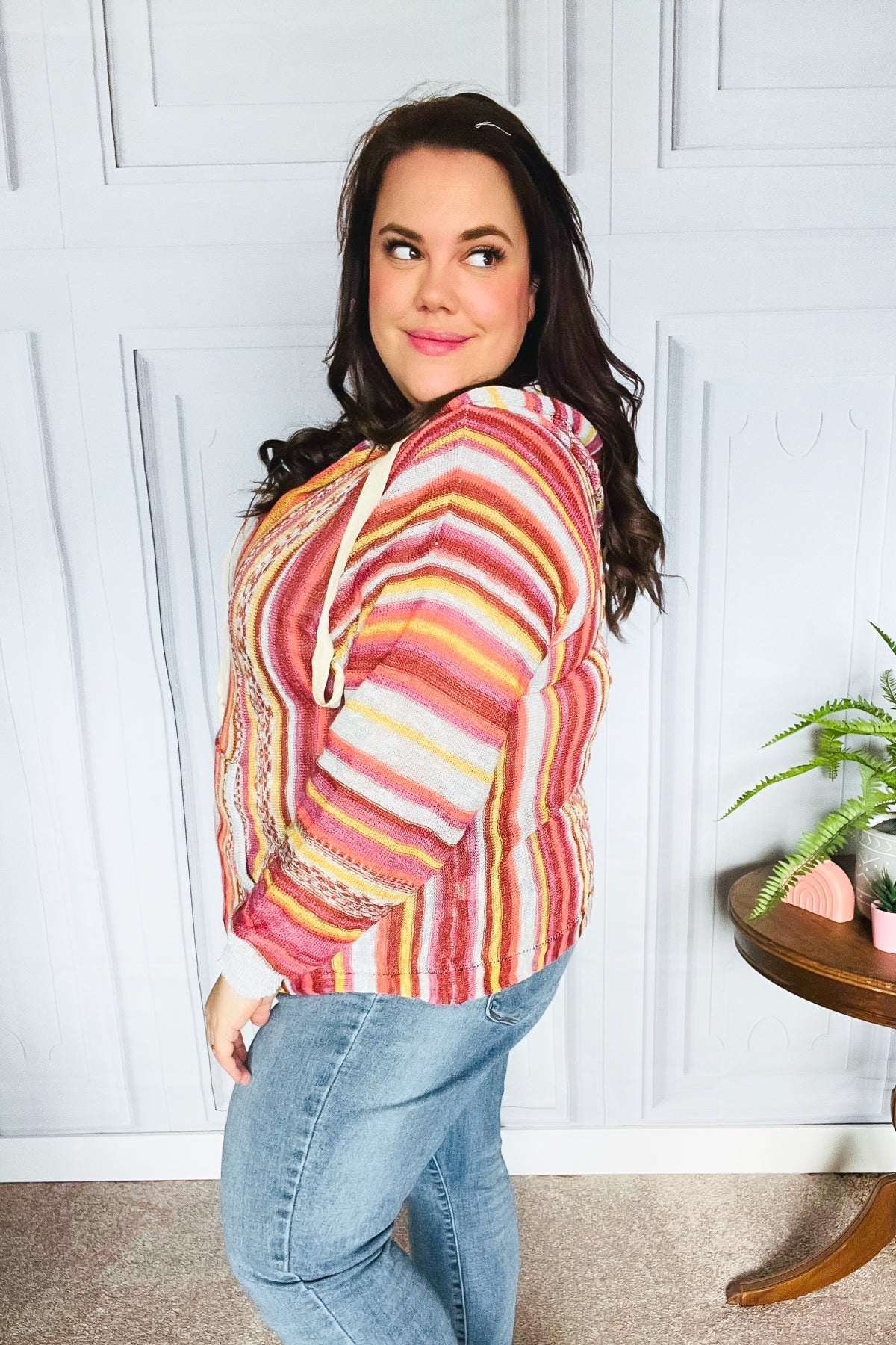 Be Bold Coral & Sienna Stripe Pullover Notched Neck Hoodie-Evelyns Fashion