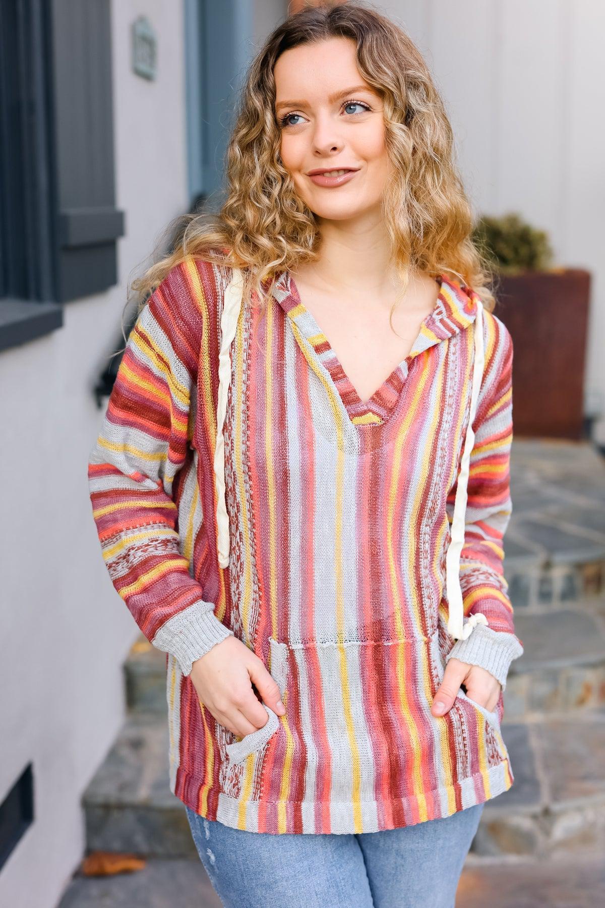 Be Bold Coral & Sienna Stripe Pullover Notched Neck Hoodie-Evelyns Fashion