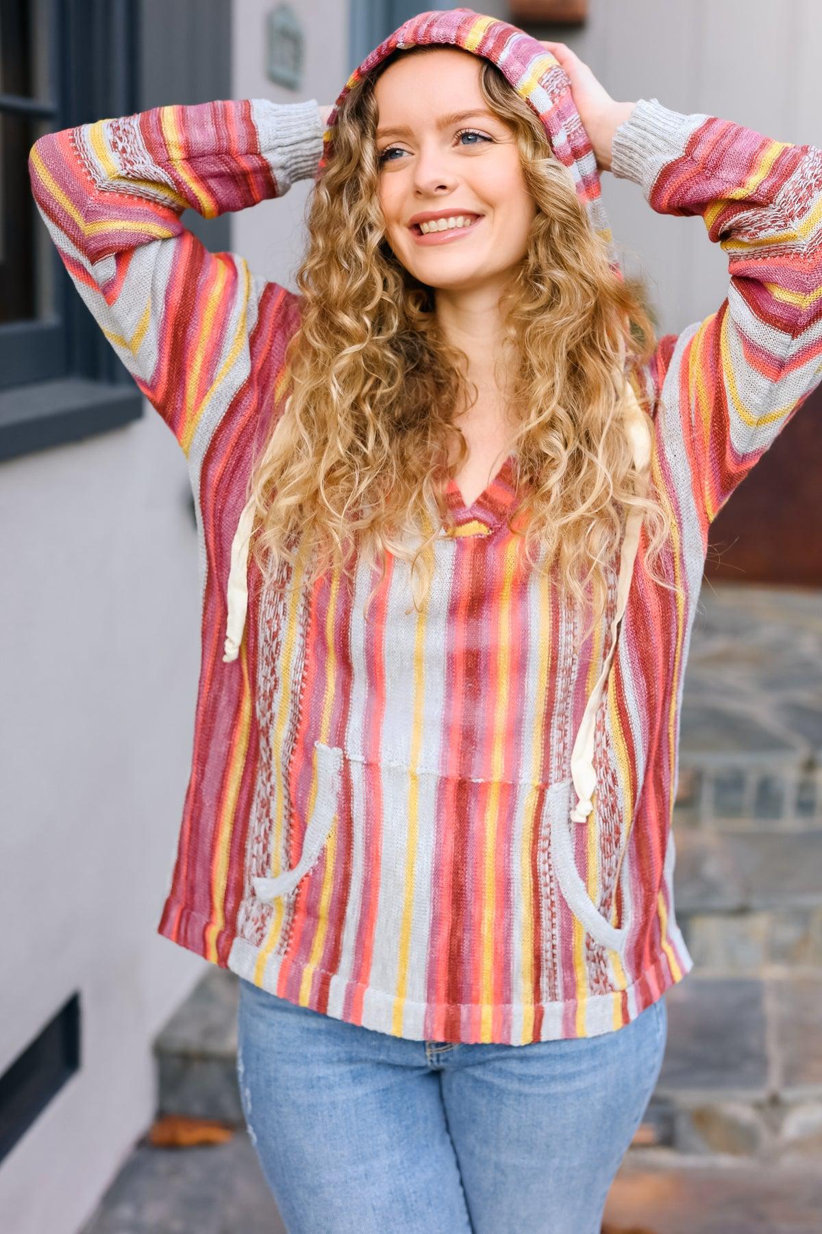 Be Bold Coral & Sienna Stripe Pullover Notched Neck Hoodie-Evelyns Fashion