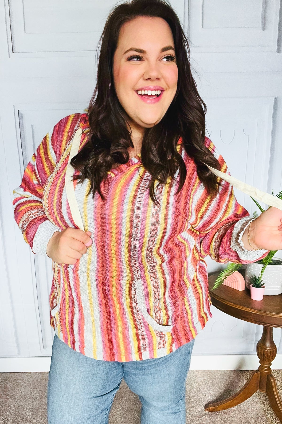 Be Bold Coral & Sienna Stripe Pullover Notched Neck Hoodie-Evelyns Fashion
