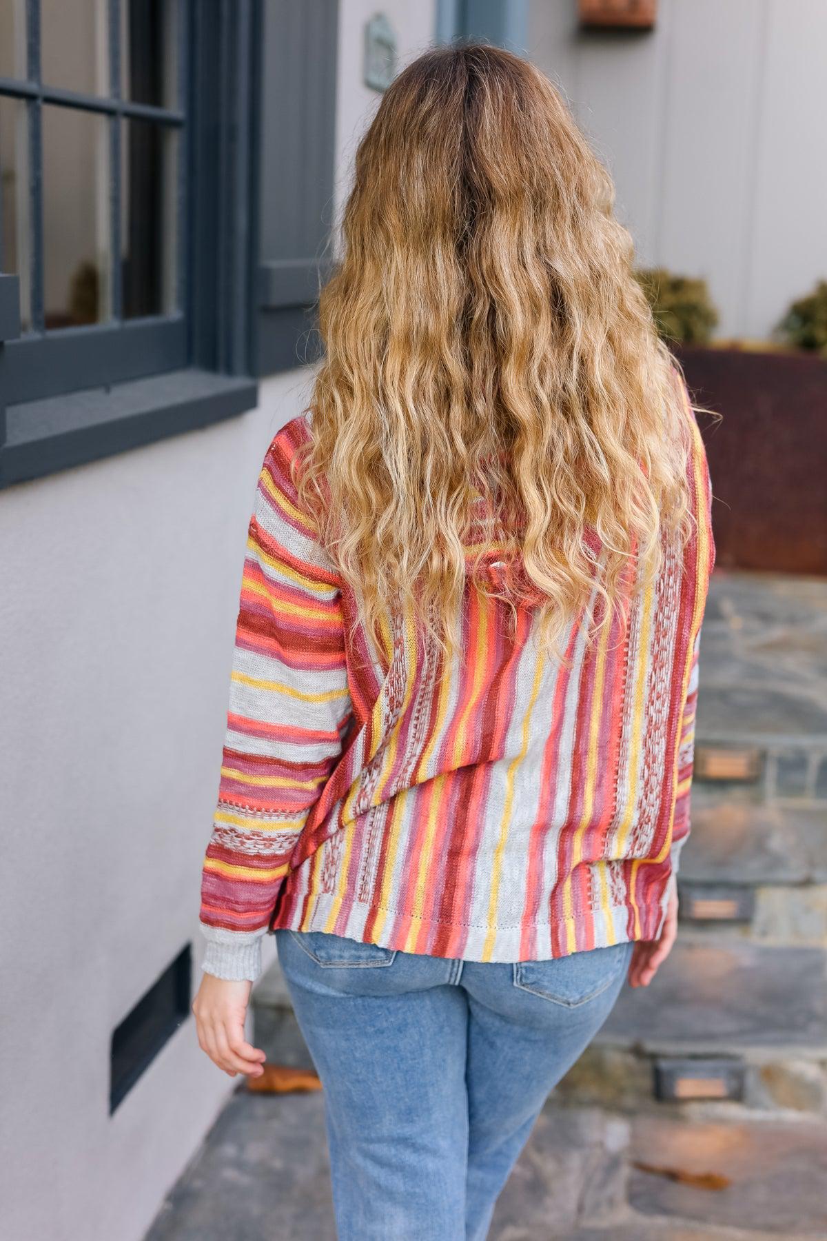Be Bold Coral & Sienna Stripe Pullover Notched Neck Hoodie-Evelyns Fashion