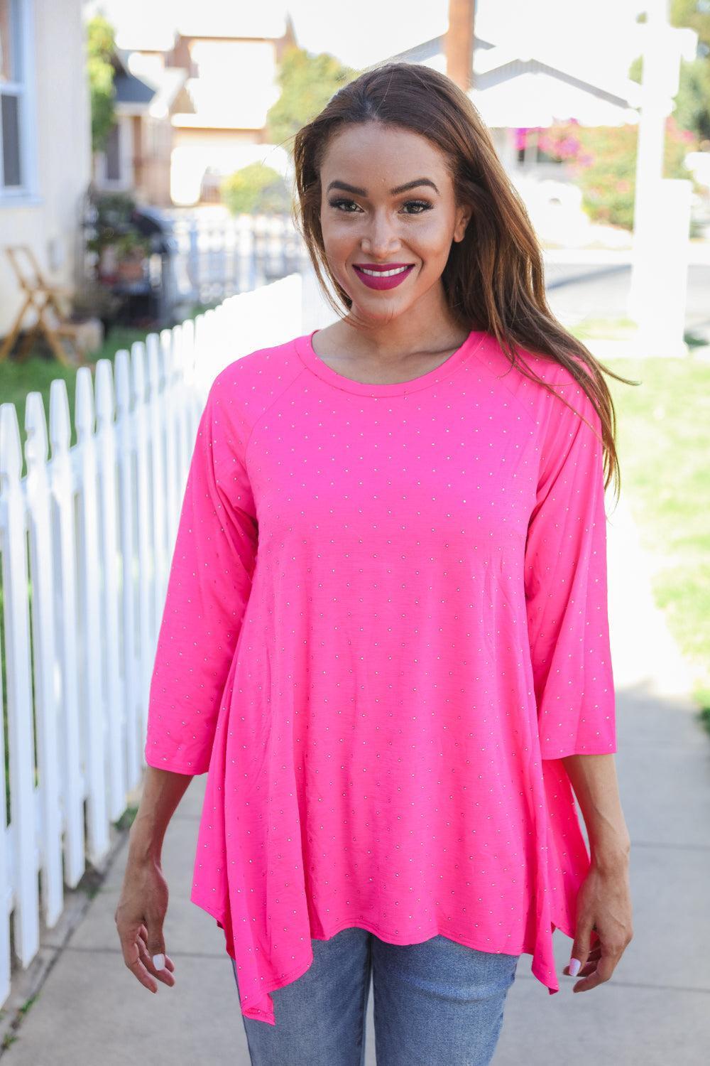 Be Bold Hot Pink Glitter Stud Scarf Hem Top-Evelyns Fashion