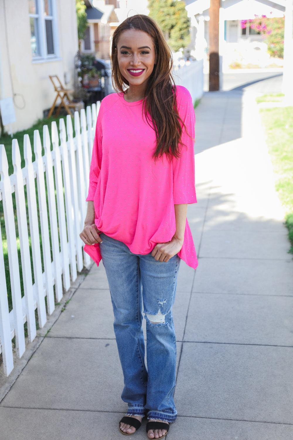 Be Bold Hot Pink Glitter Stud Scarf Hem Top-Evelyns Fashion