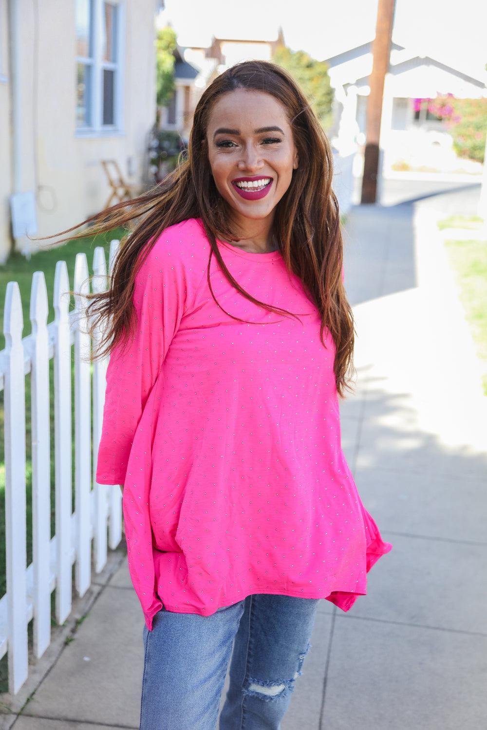 Be Bold Hot Pink Glitter Stud Scarf Hem Top-Evelyns Fashion