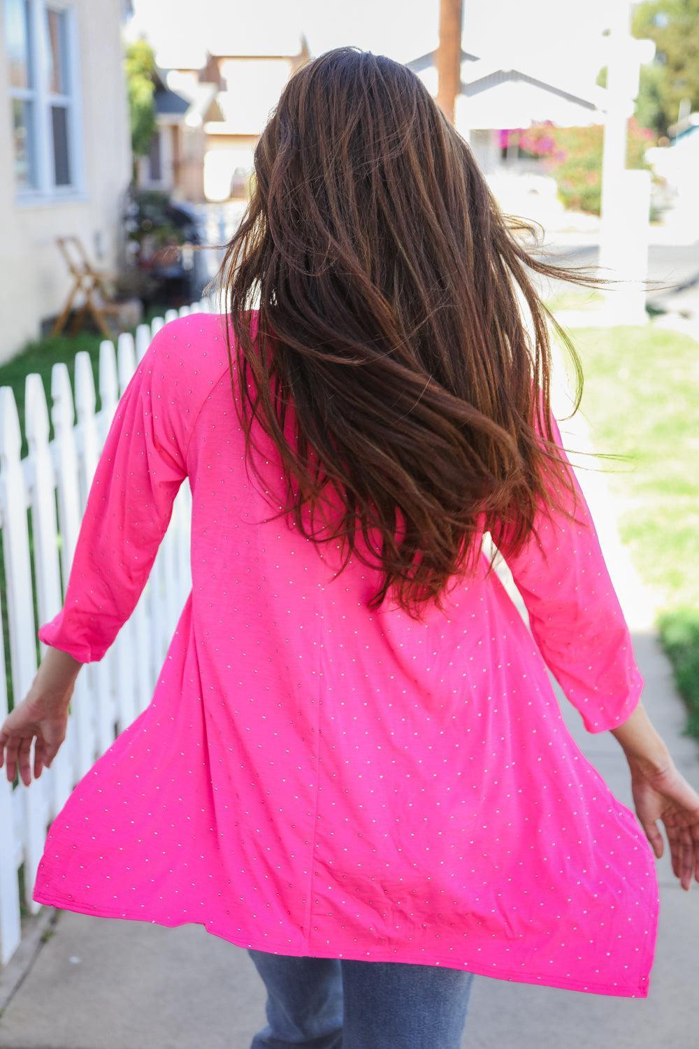 Be Bold Hot Pink Glitter Stud Scarf Hem Top-Evelyns Fashion