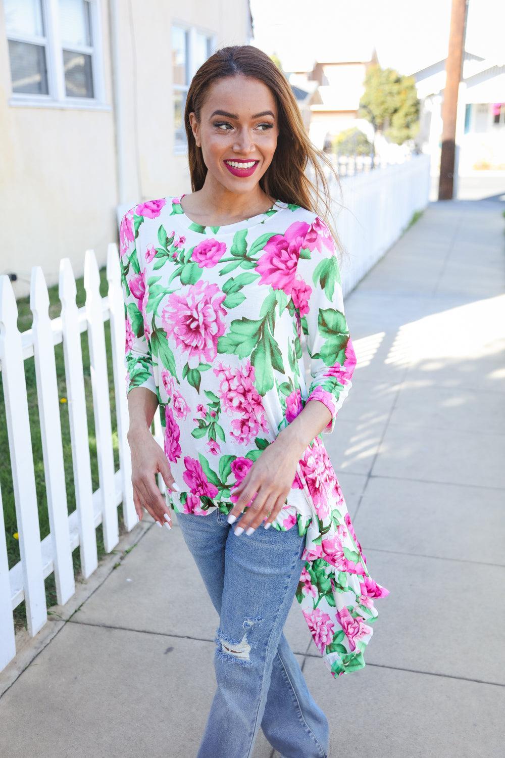 Be Bold Ivory Big Floral Hi-Lo Ruffle Hem Knit Top-Evelyns Fashion