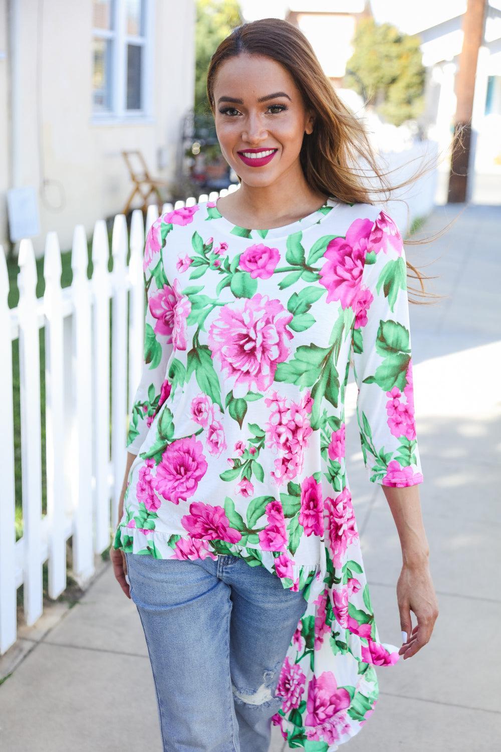 Be Bold Ivory Big Floral Hi-Lo Ruffle Hem Knit Top-Evelyns Fashion
