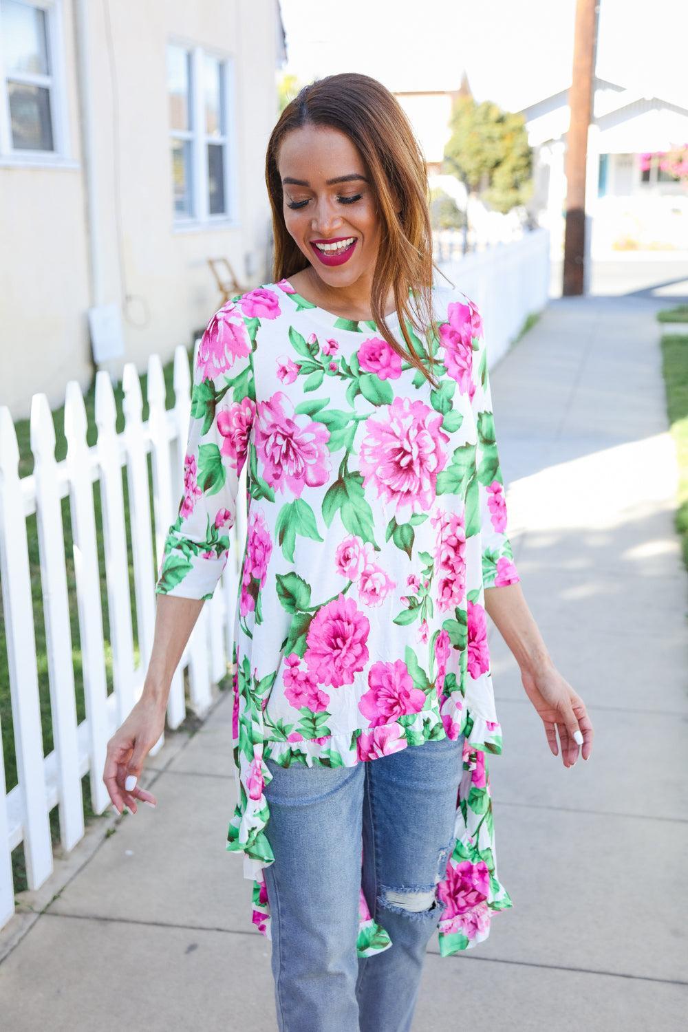 Be Bold Ivory Big Floral Hi-Lo Ruffle Hem Knit Top-Evelyns Fashion
