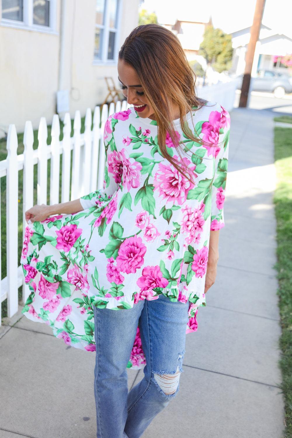 Be Bold Ivory Big Floral Hi-Lo Ruffle Hem Knit Top-Evelyns Fashion