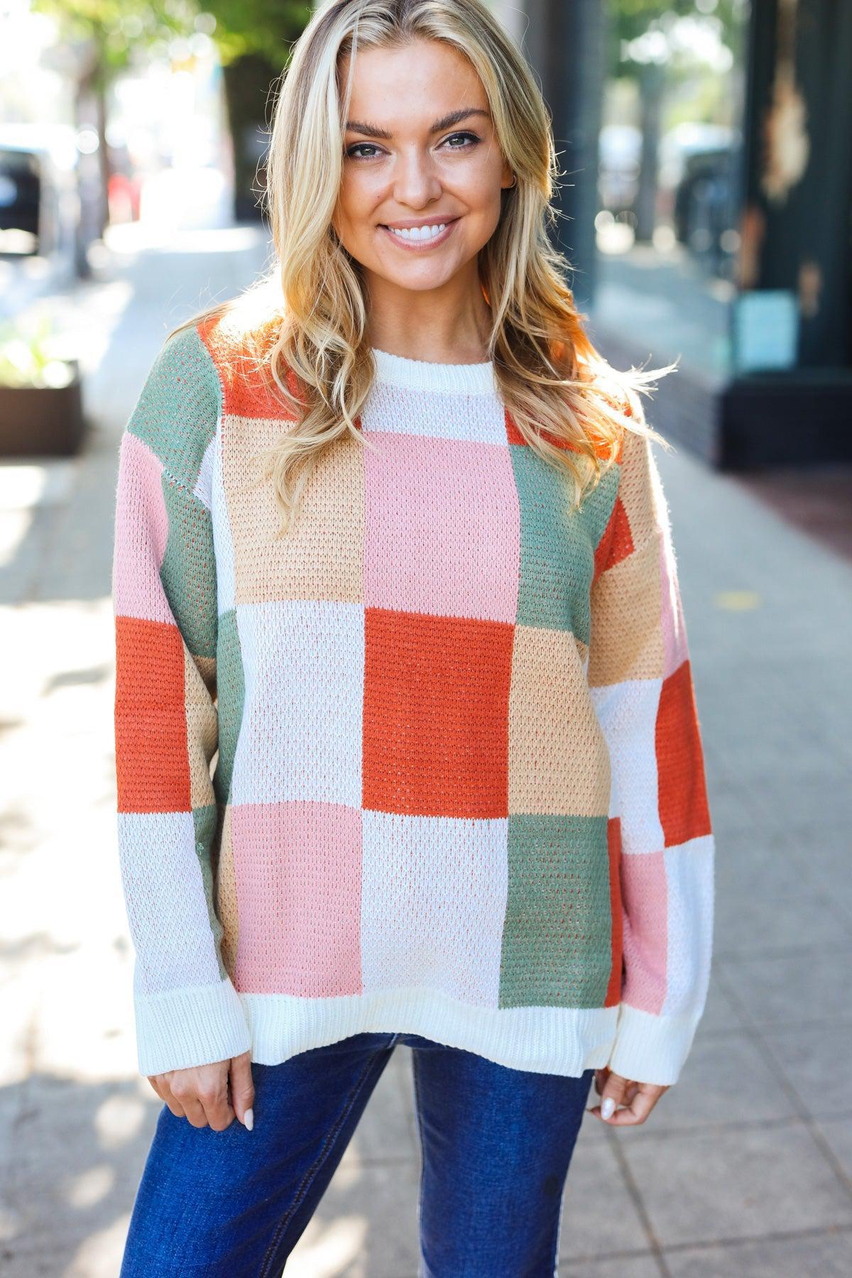 Be Bold Ivory & Rust Checker Jacquard Knit Sweater-Evelyns Fashion