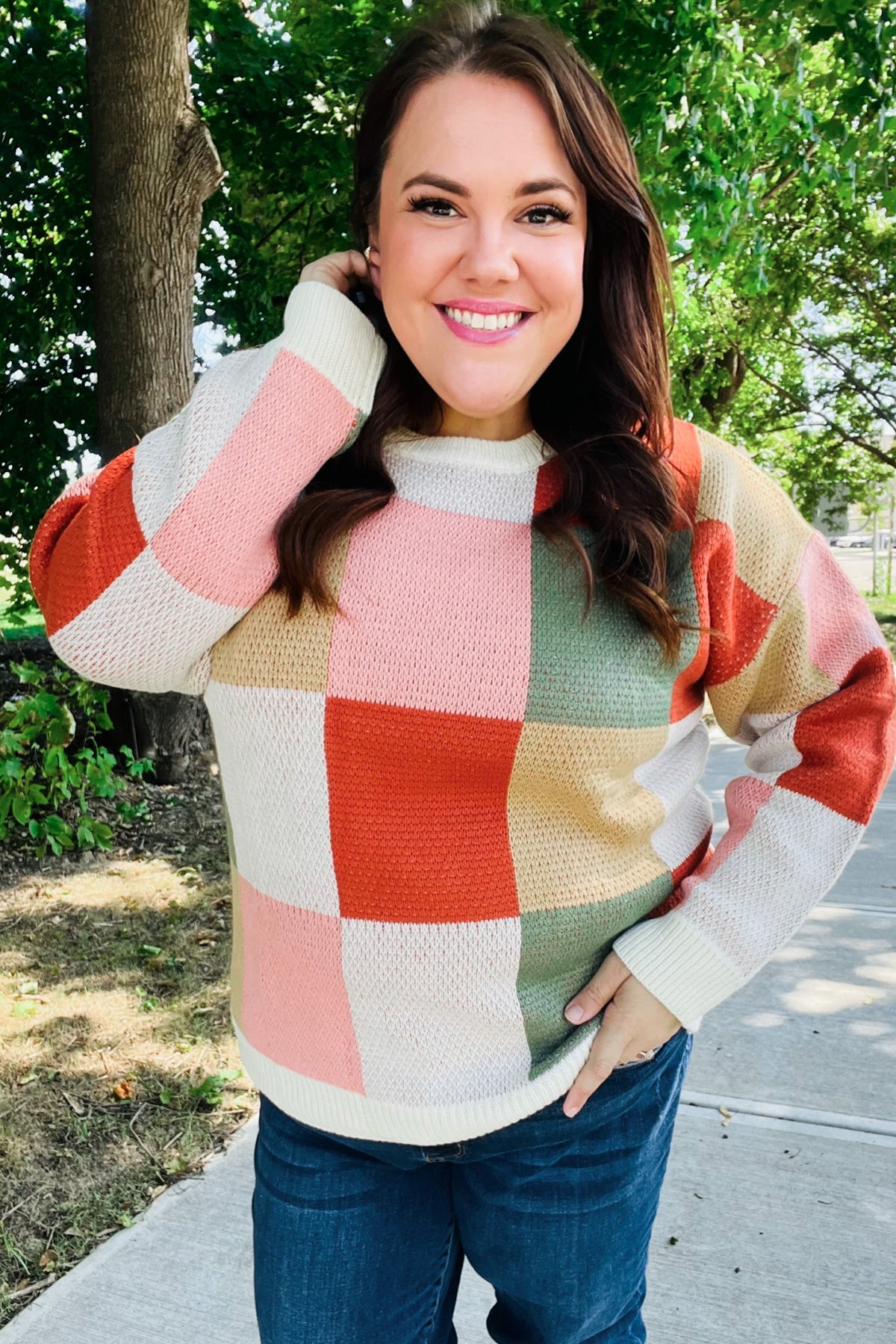Be Bold Ivory & Rust Checker Jacquard Knit Sweater-Evelyns Fashion