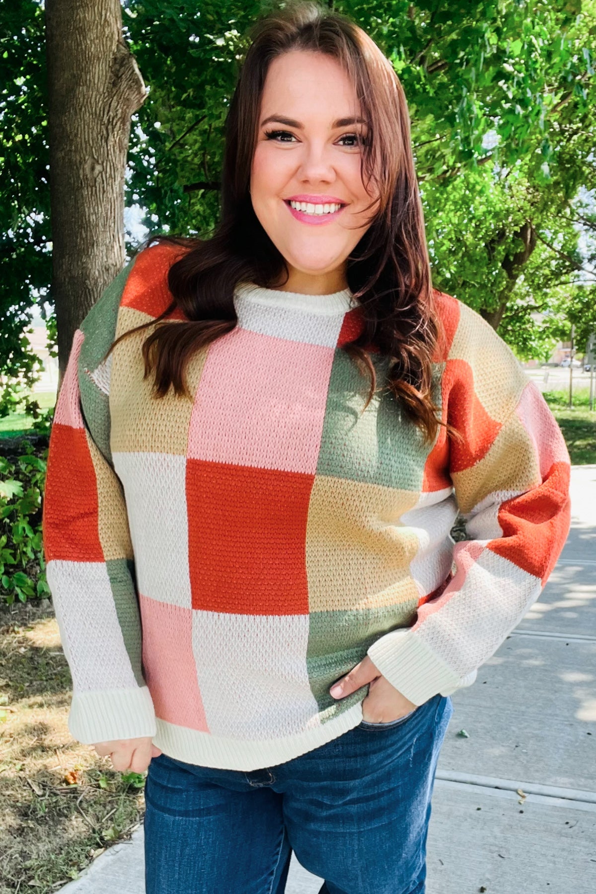 Be Bold Ivory & Rust Checker Jacquard Knit Sweater-Evelyns Fashion