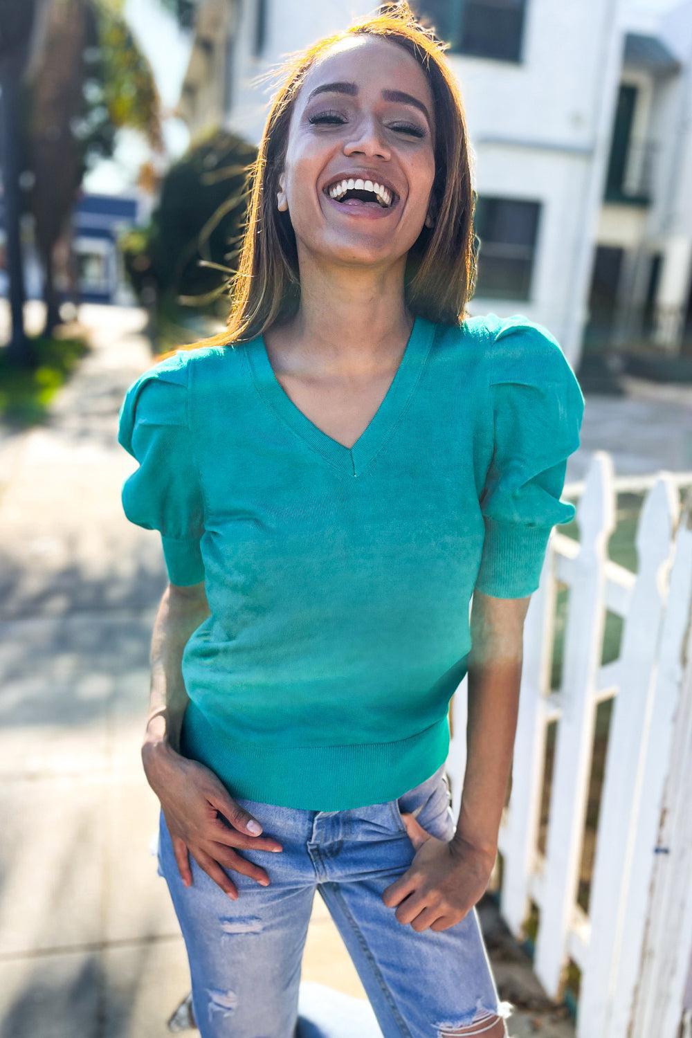 Be Bold Solid Emerald Shirred Puff Sleeve Sweater Top-Evelyns Fashion