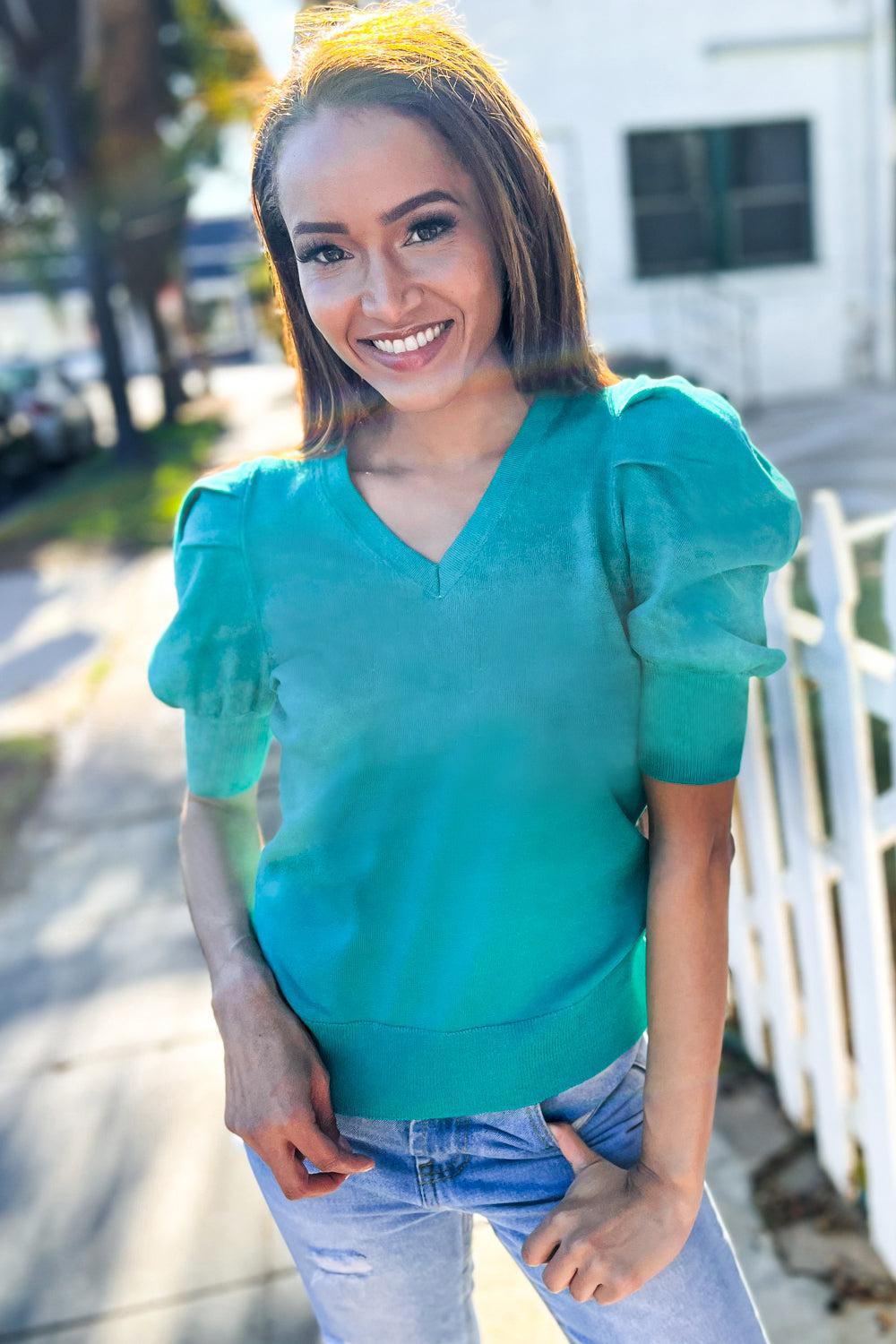 Be Bold Solid Emerald Shirred Puff Sleeve Sweater Top-Evelyns Fashion