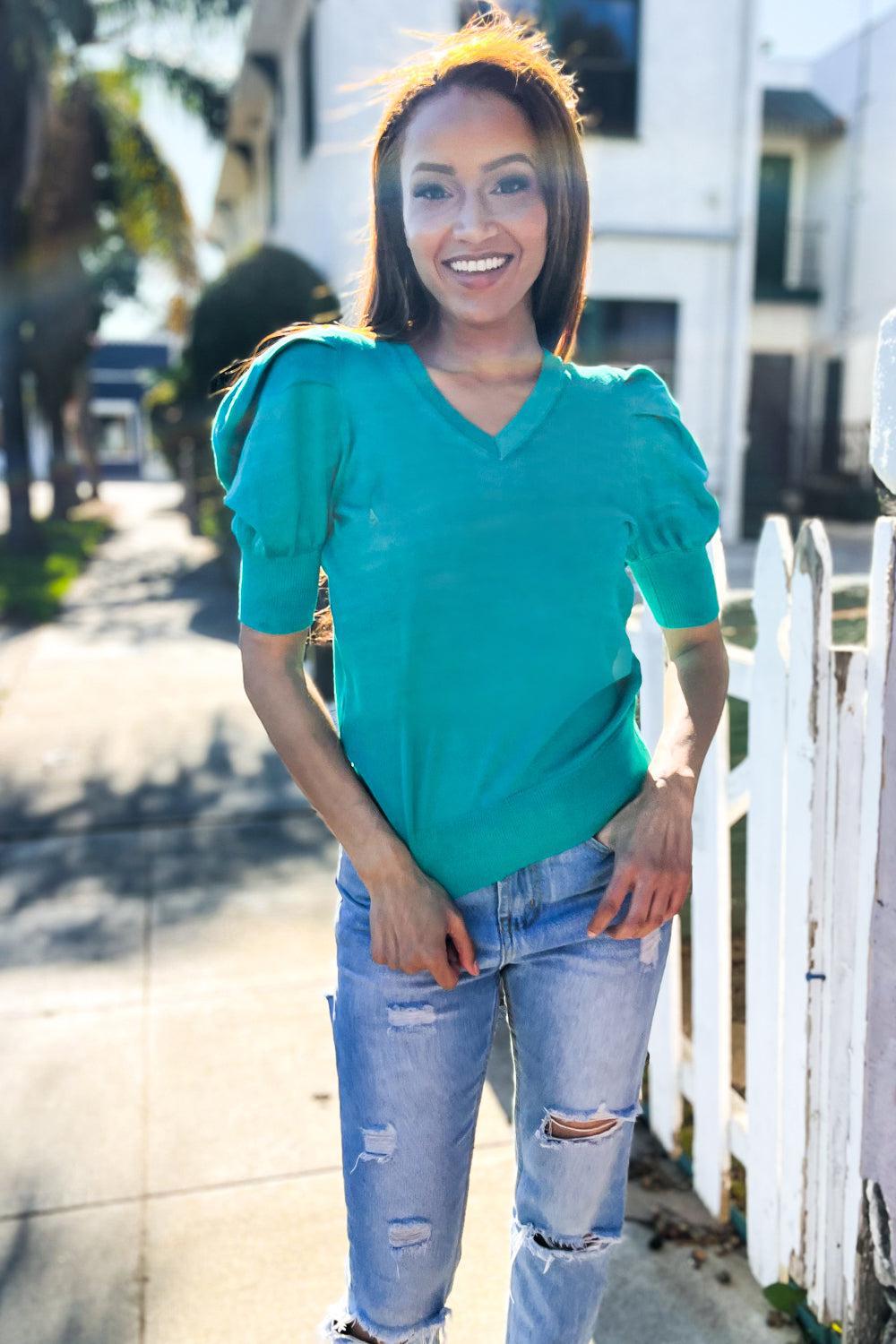 Be Bold Solid Emerald Shirred Puff Sleeve Sweater Top-Evelyns Fashion