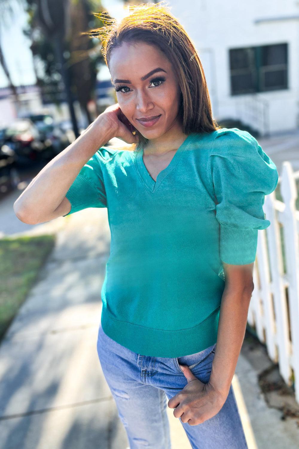 Be Bold Solid Emerald Shirred Puff Sleeve Sweater Top-Evelyns Fashion