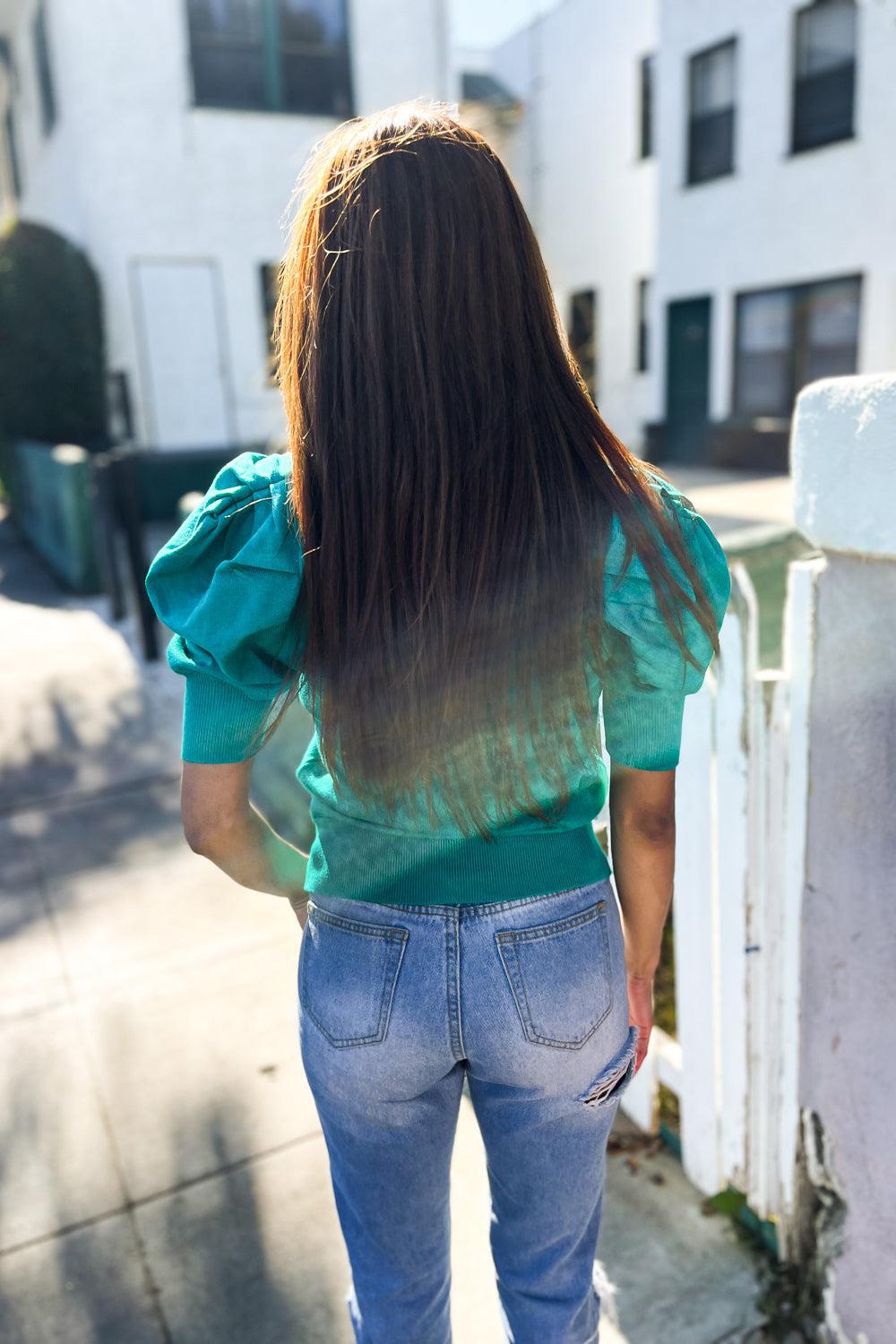 Be Bold Solid Emerald Shirred Puff Sleeve Sweater Top-Evelyns Fashion
