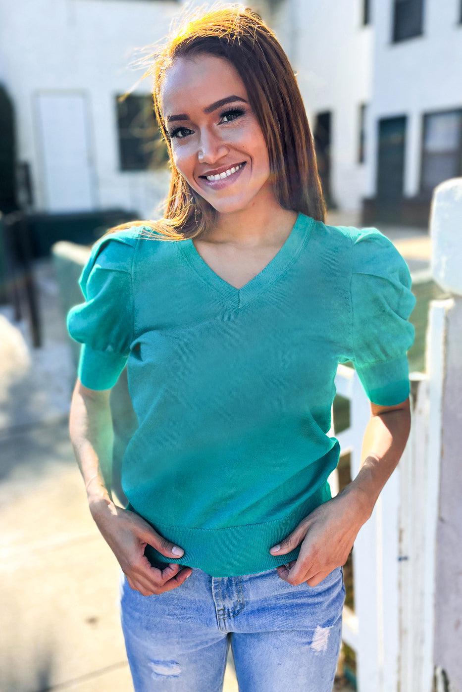 Be Bold Solid Emerald Shirred Puff Sleeve Sweater Top-Evelyns Fashion