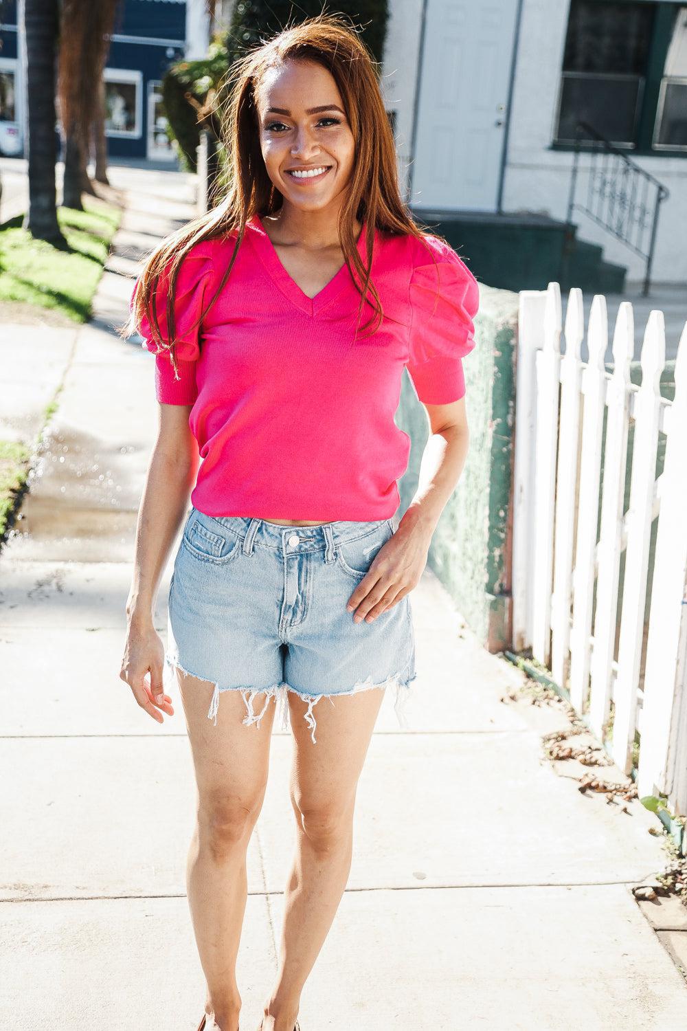 Be Bold Solid Fuchsia Shirred Puff Sleeve Sweater Top-Evelyns Fashion