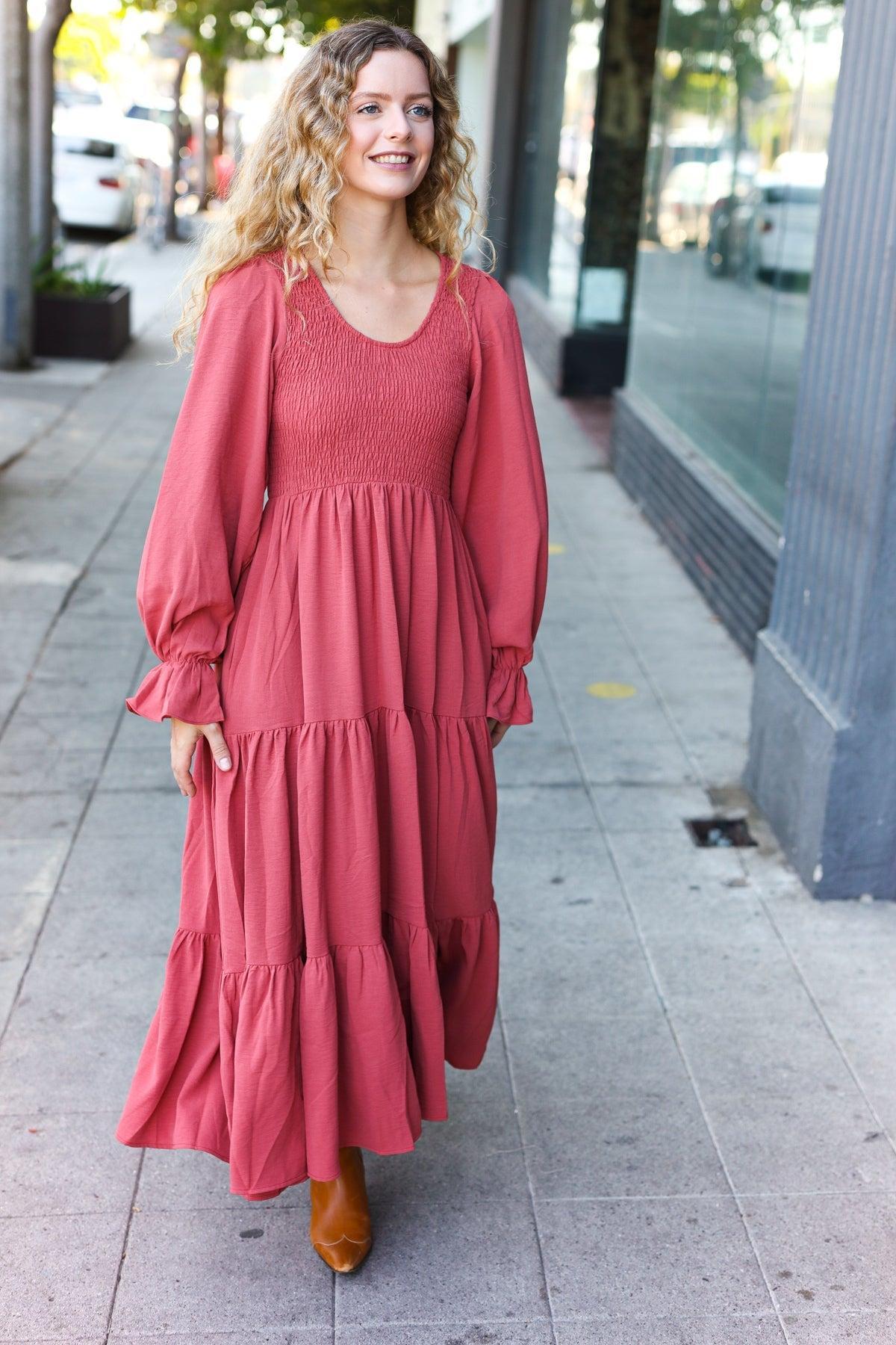 Beautiful You Lock Eyes Marsala Smocked Ruffle Sleeve Maxi Dress-Evelyns Fashion