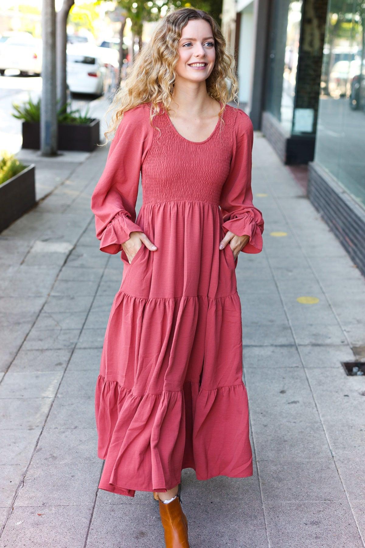 Beautiful You Lock Eyes Marsala Smocked Ruffle Sleeve Maxi Dress-Evelyns Fashion