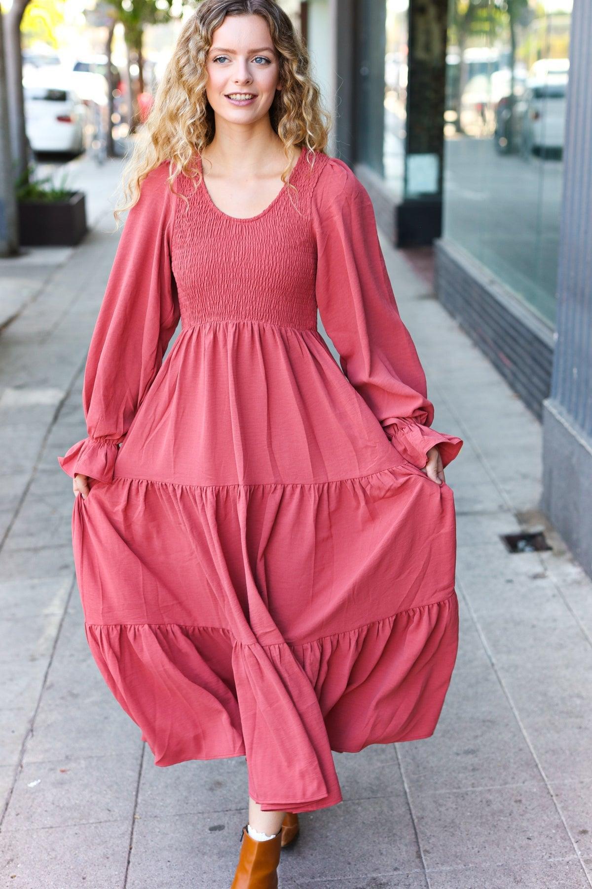 Beautiful You Lock Eyes Marsala Smocked Ruffle Sleeve Maxi Dress-Evelyns Fashion
