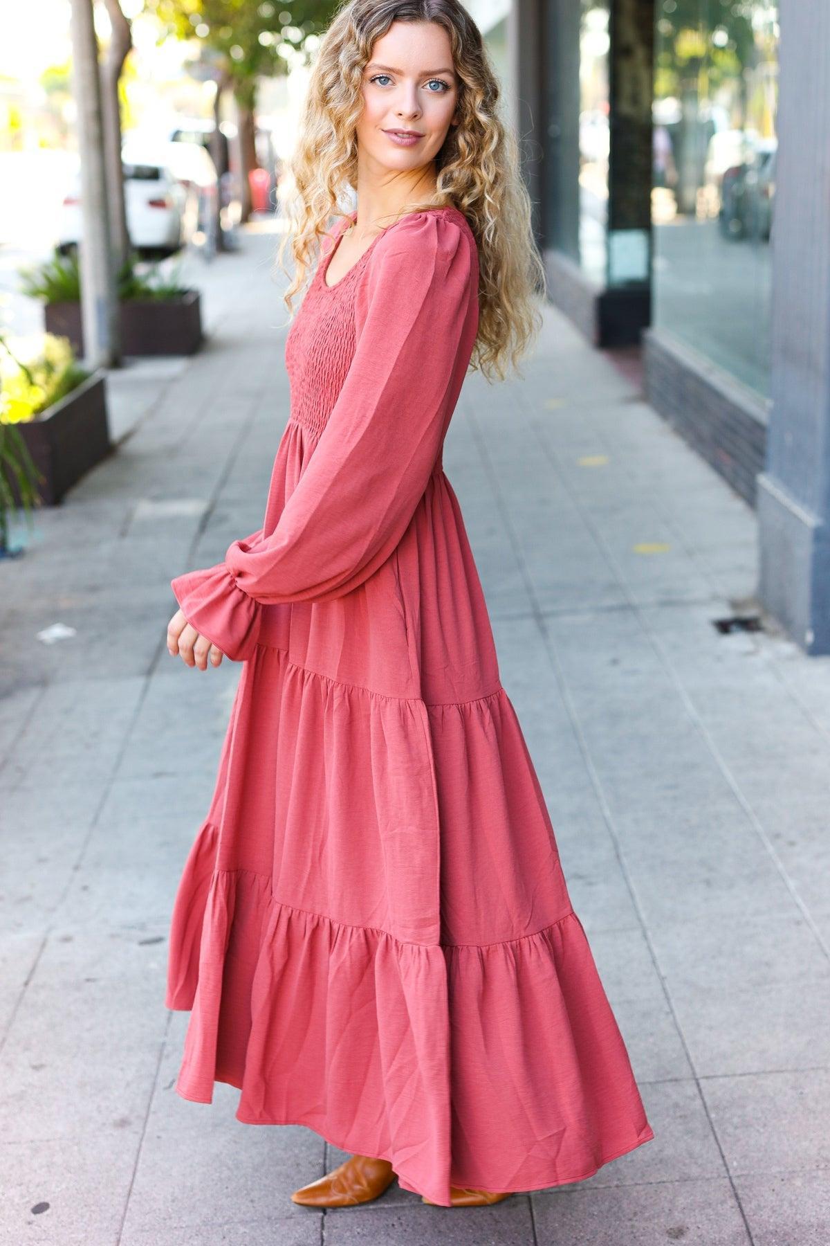 Beautiful You Lock Eyes Marsala Smocked Ruffle Sleeve Maxi Dress-Evelyns Fashion