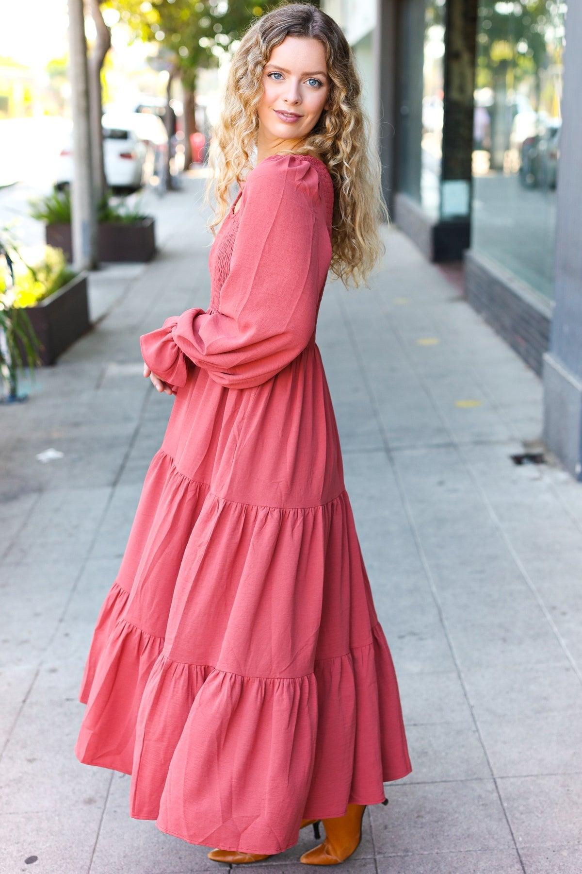 Beautiful You Lock Eyes Marsala Smocked Ruffle Sleeve Maxi Dress-Evelyns Fashion