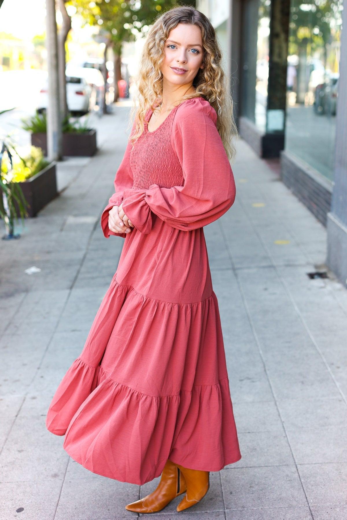 Beautiful You Lock Eyes Marsala Smocked Ruffle Sleeve Maxi Dress-Evelyns Fashion