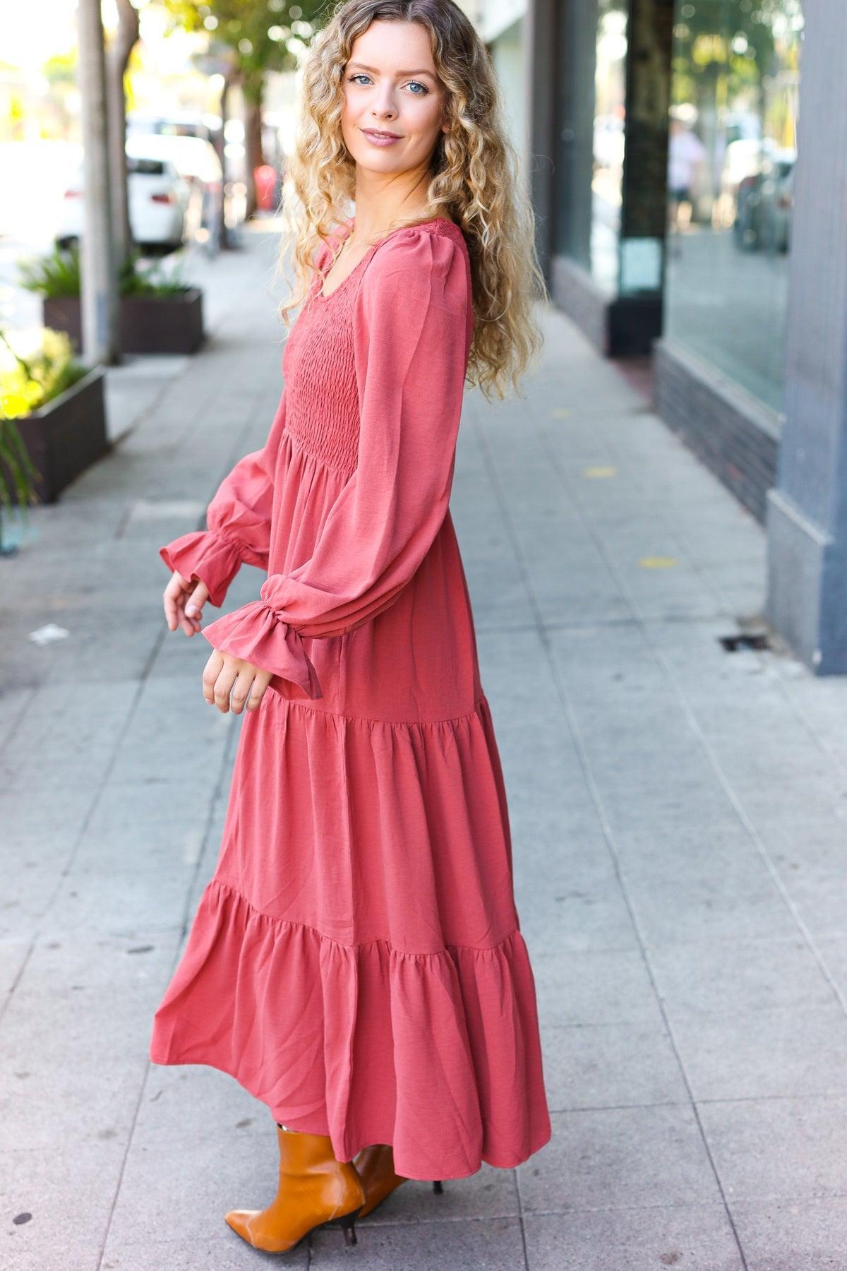 Beautiful You Lock Eyes Marsala Smocked Ruffle Sleeve Maxi Dress-Evelyns Fashion