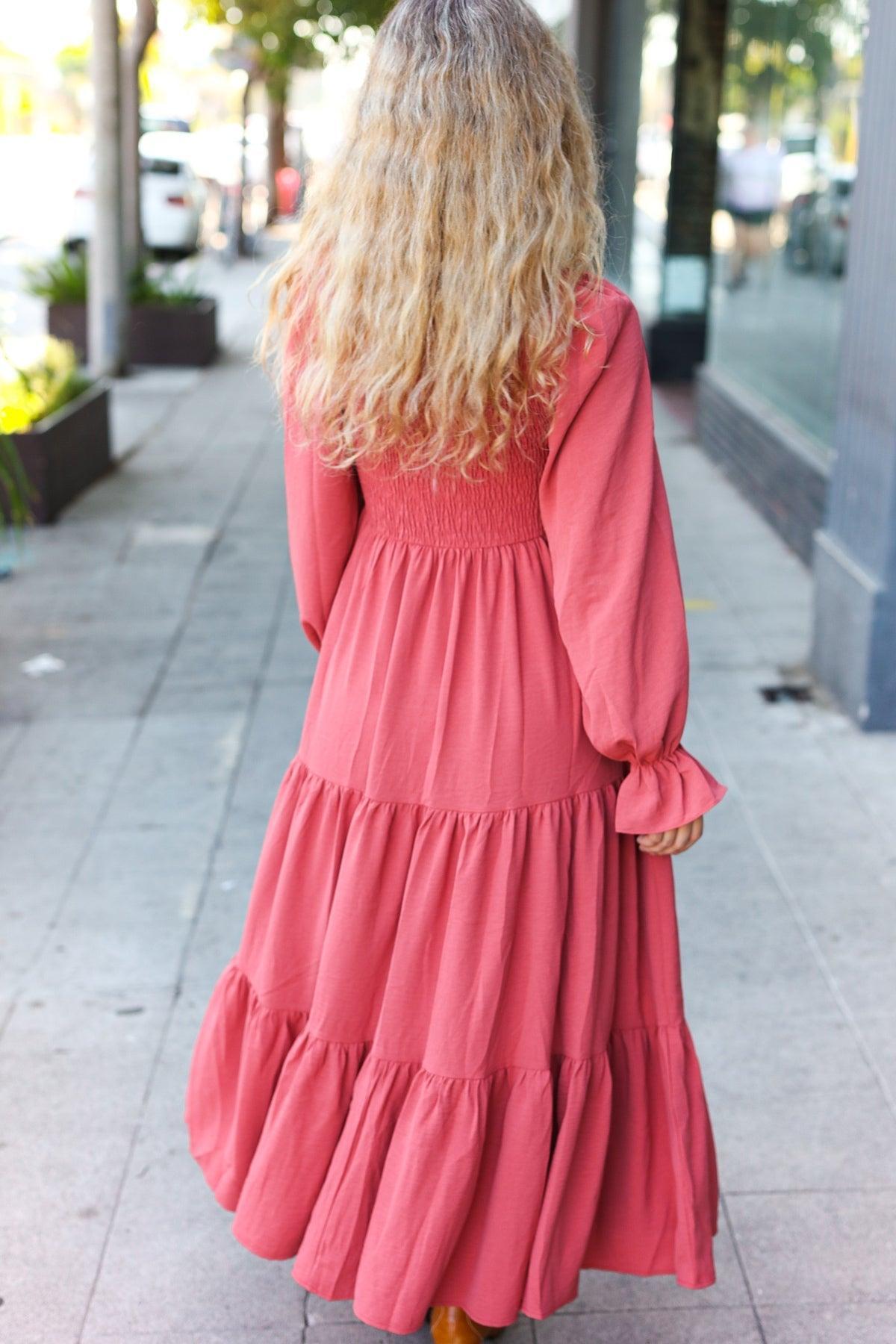 Beautiful You Lock Eyes Marsala Smocked Ruffle Sleeve Maxi Dress-Evelyns Fashion
