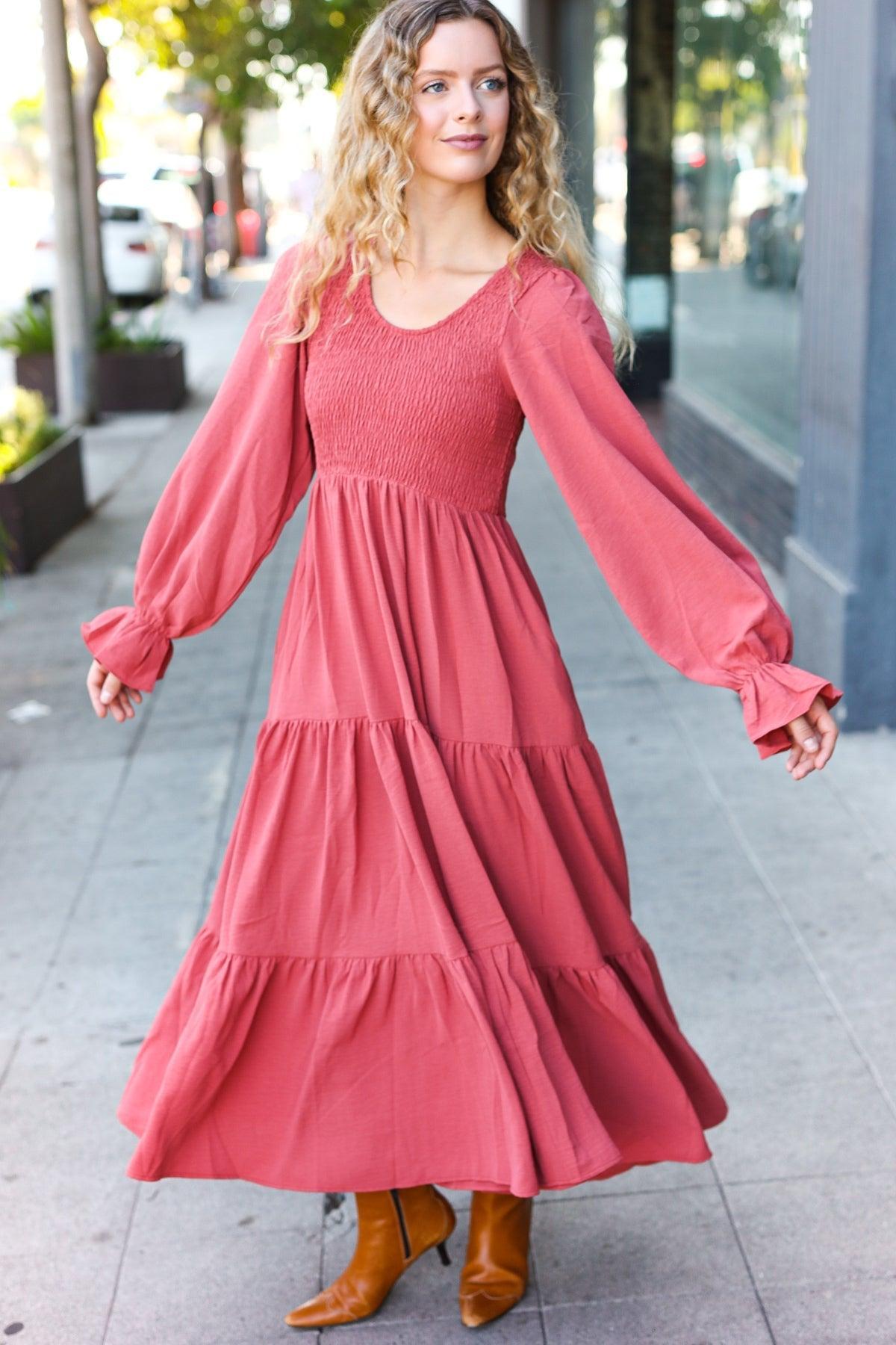 Beautiful You Lock Eyes Marsala Smocked Ruffle Sleeve Maxi Dress-Evelyns Fashion