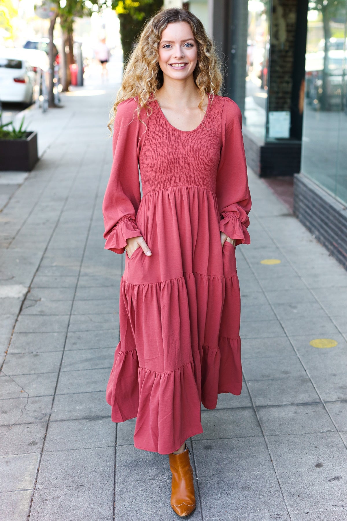 Beautiful You Lock Eyes Marsala Smocked Ruffle Sleeve Maxi Dress-Evelyns Fashion