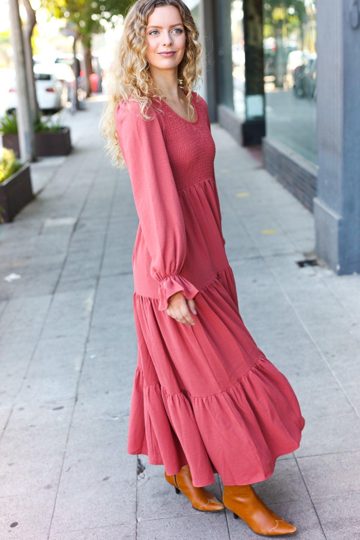 Beautiful You Lock Eyes Marsala Smocked Ruffle Sleeve Maxi Dress-Evelyns Fashion