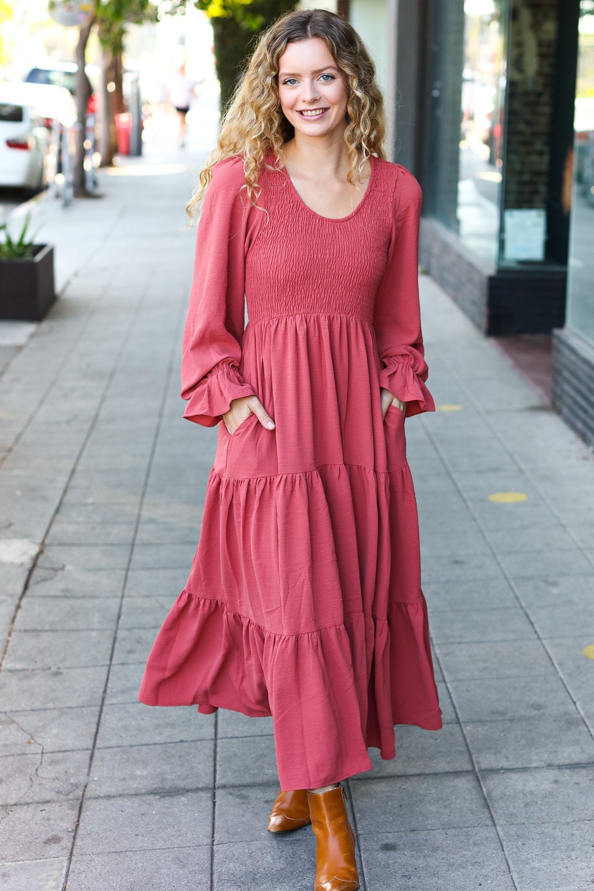 Beautiful You Lock Eyes Marsala Smocked Ruffle Sleeve Maxi Dress-Evelyns Fashion