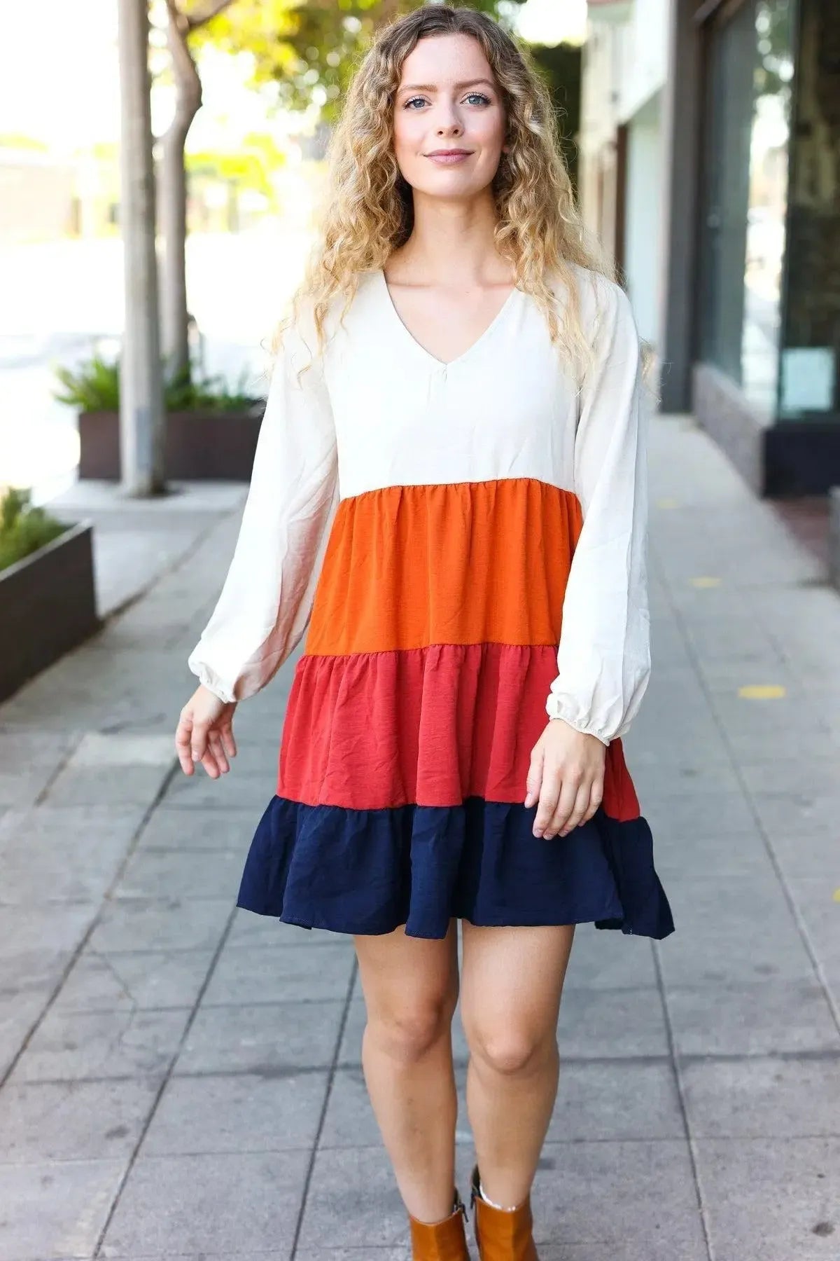 Beautiful You Orange & Multicolor Tiered Babydoll Dress-Evelyns Fashion