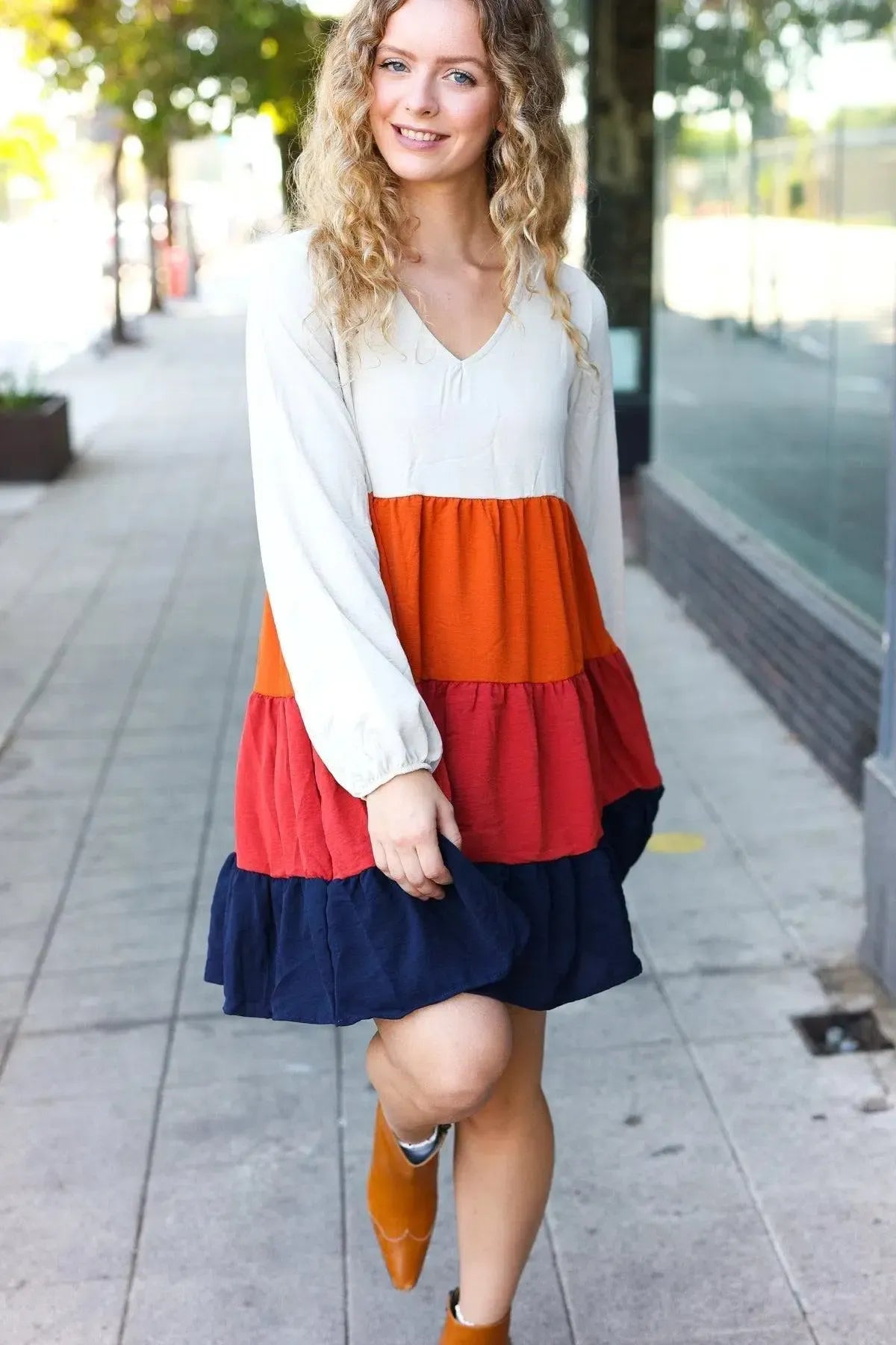 Beautiful You Orange & Multicolor Tiered Babydoll Dress-Evelyns Fashion