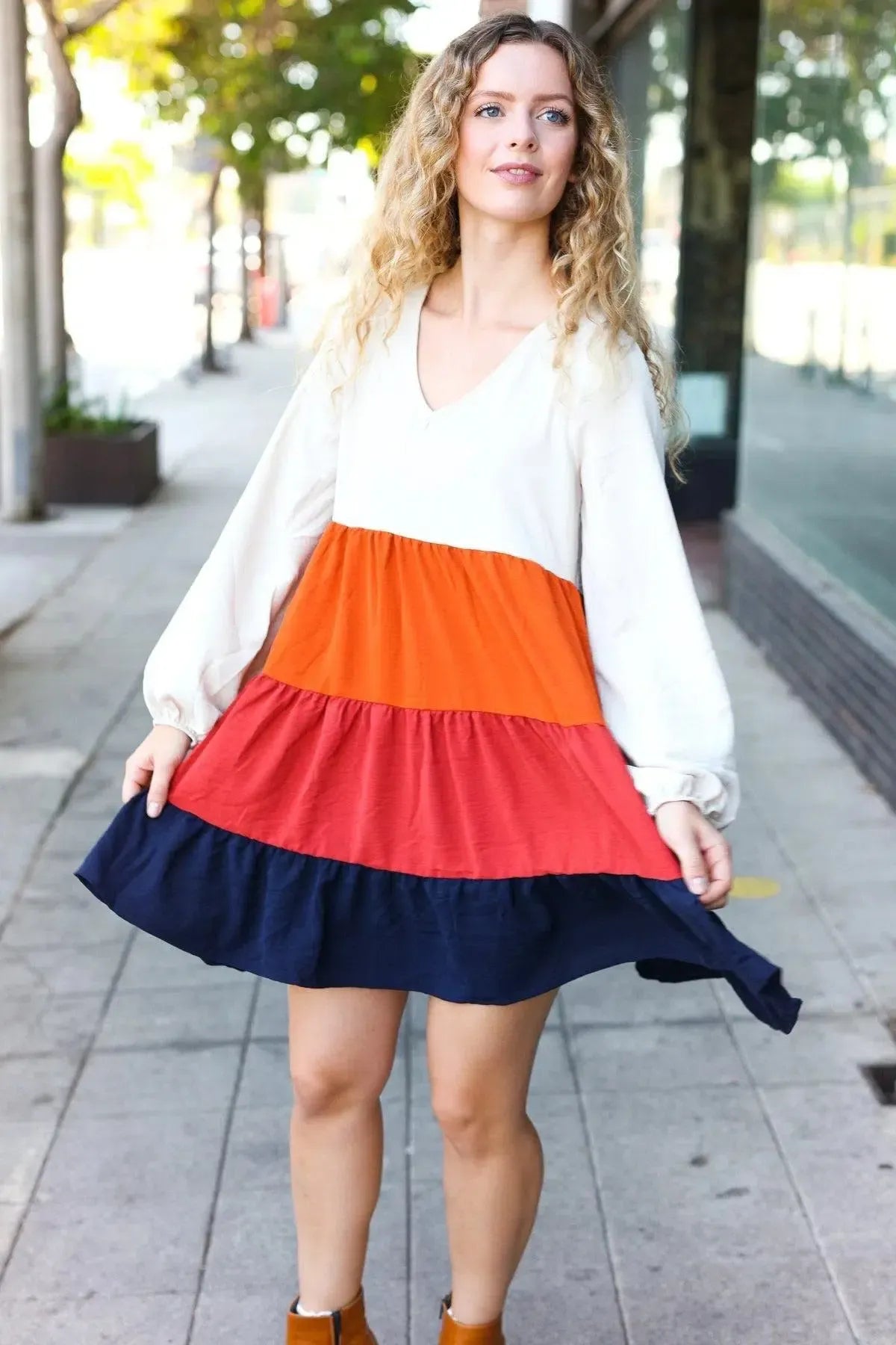Beautiful You Orange & Multicolor Tiered Babydoll Dress-Evelyns Fashion