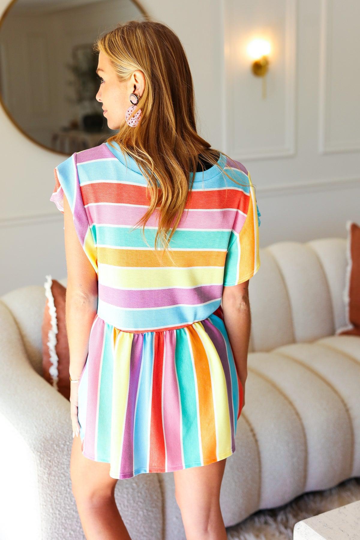 Best In Bold Multicolor Stripe Thermal Ruffle Sleeve Babydoll Top-Evelyns Fashion